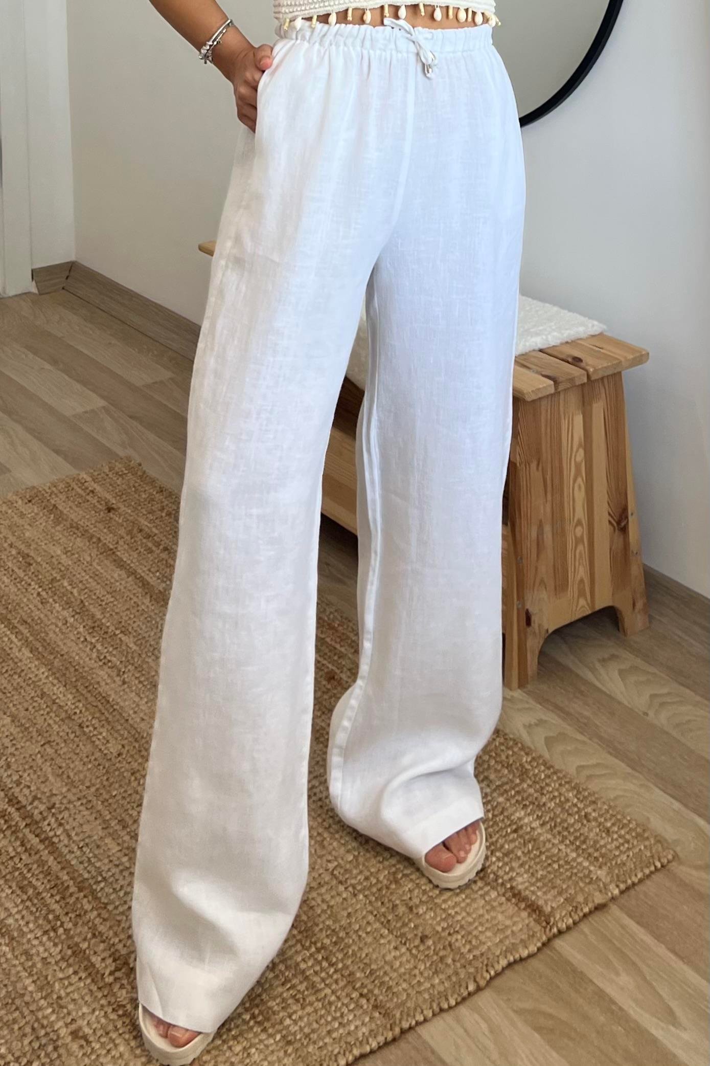 Beyaz Beli İpli Ham Keten Comfort Pantolon uygun fiyatlarda www.butikhola.com adresinde