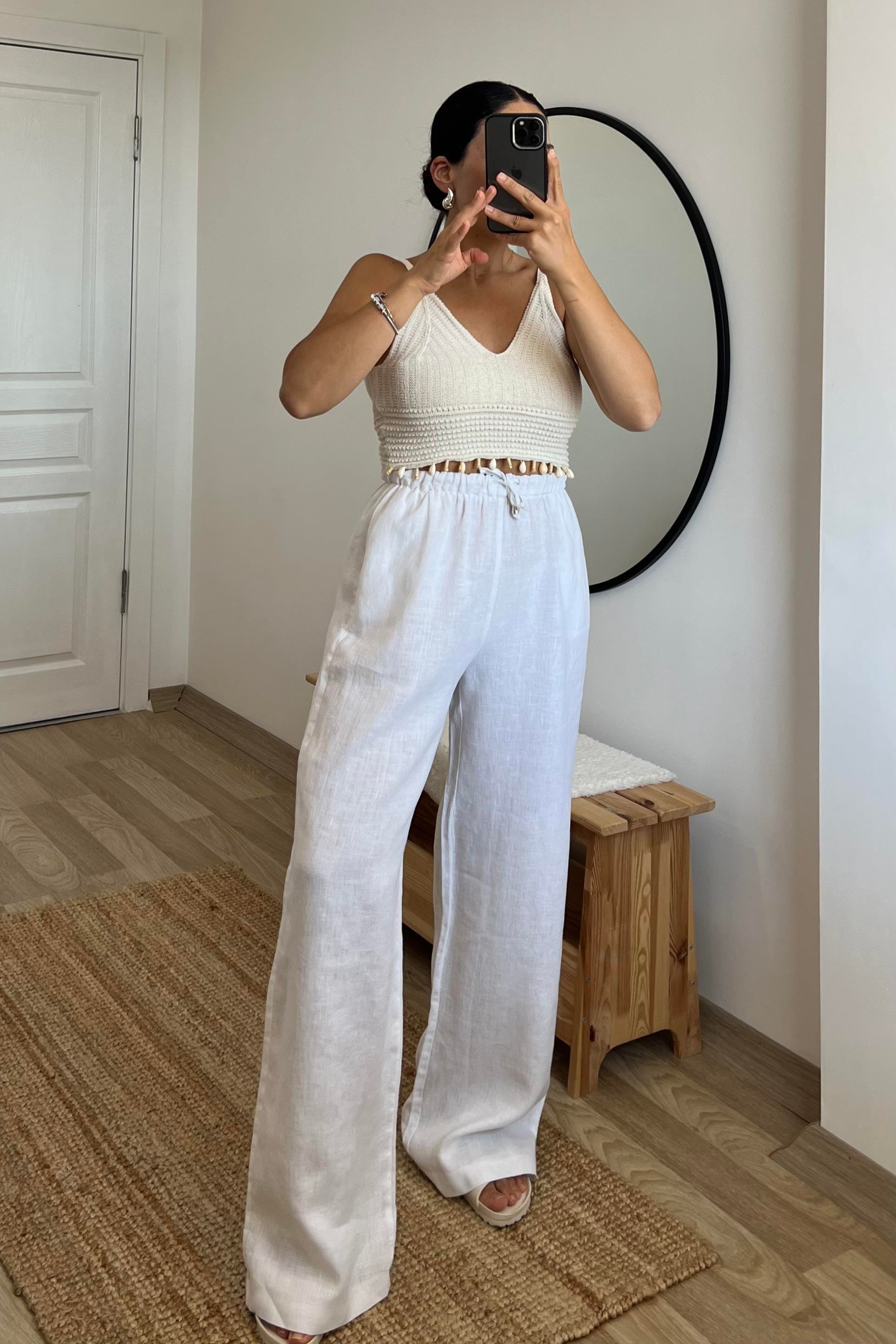 Beyaz Beli İpli Ham Keten Comfort Pantolon uygun fiyatlarda www.butikhola.com adresinde