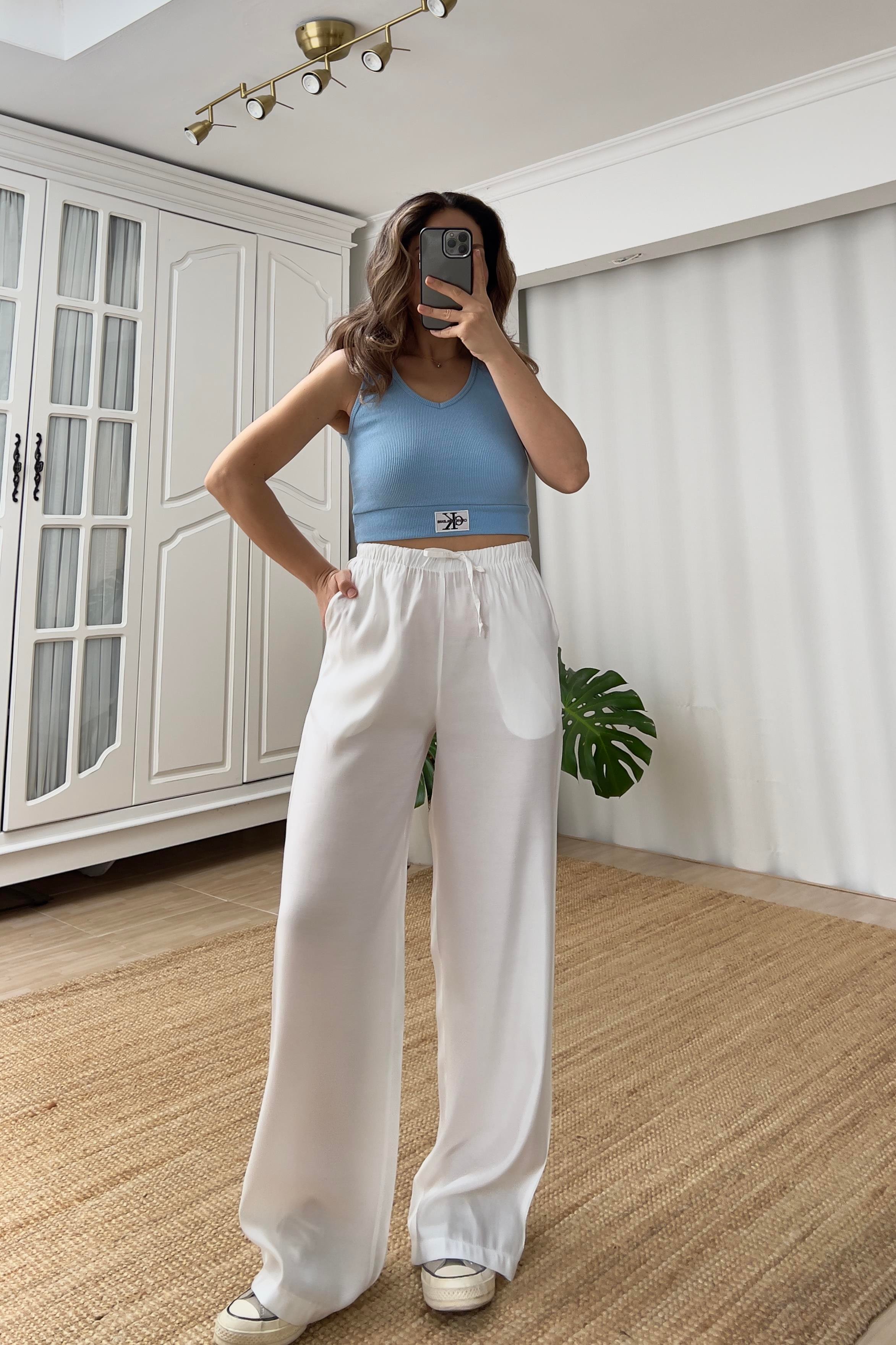 Beyaz Beli İpli Tensel Pantolon uygun fiyatlarda www.butikhola.com adresinde