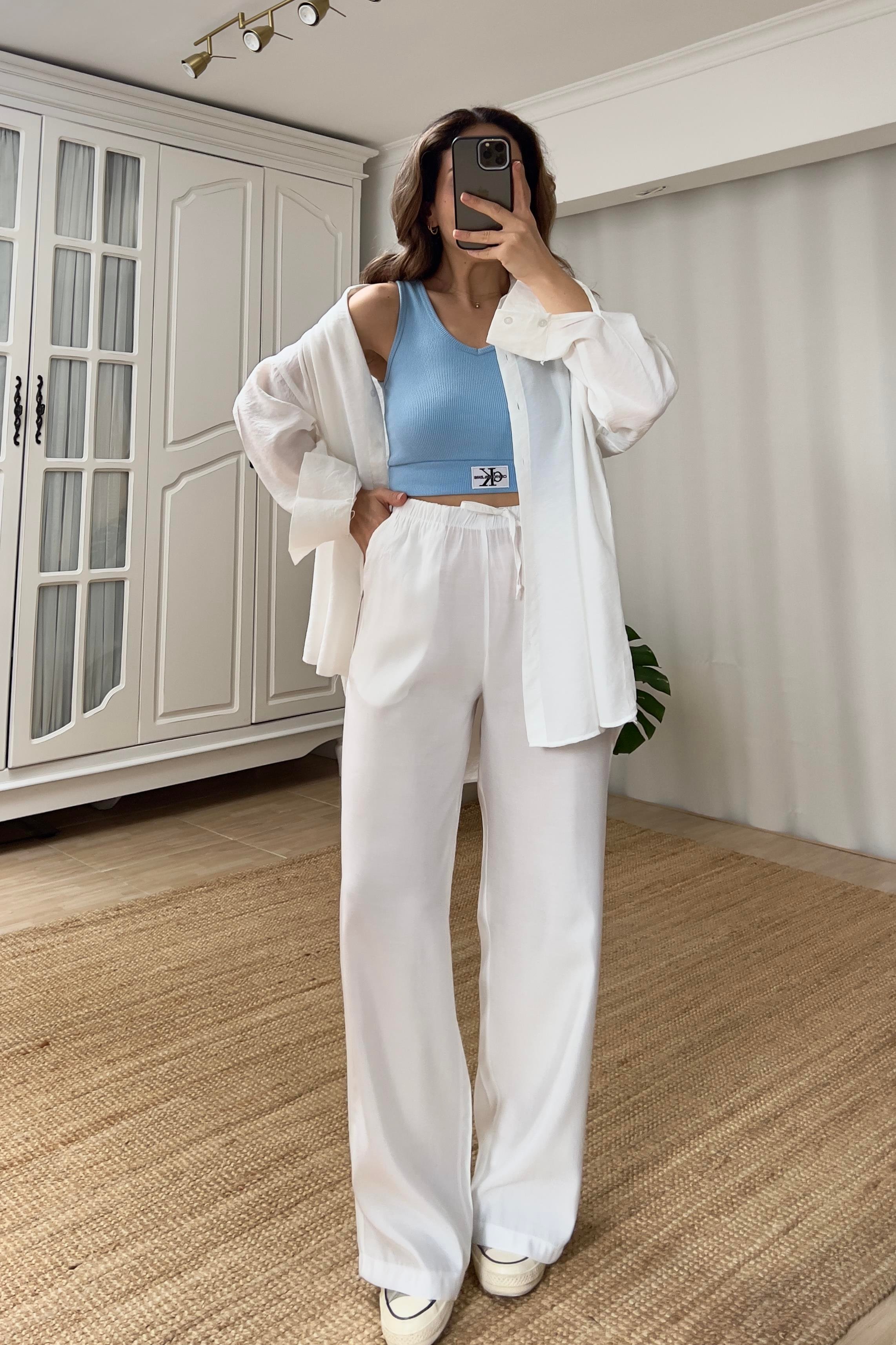 Beyaz Beli İpli Tensel Pantolon uygun fiyatlarda www.butikhola.com adresinde