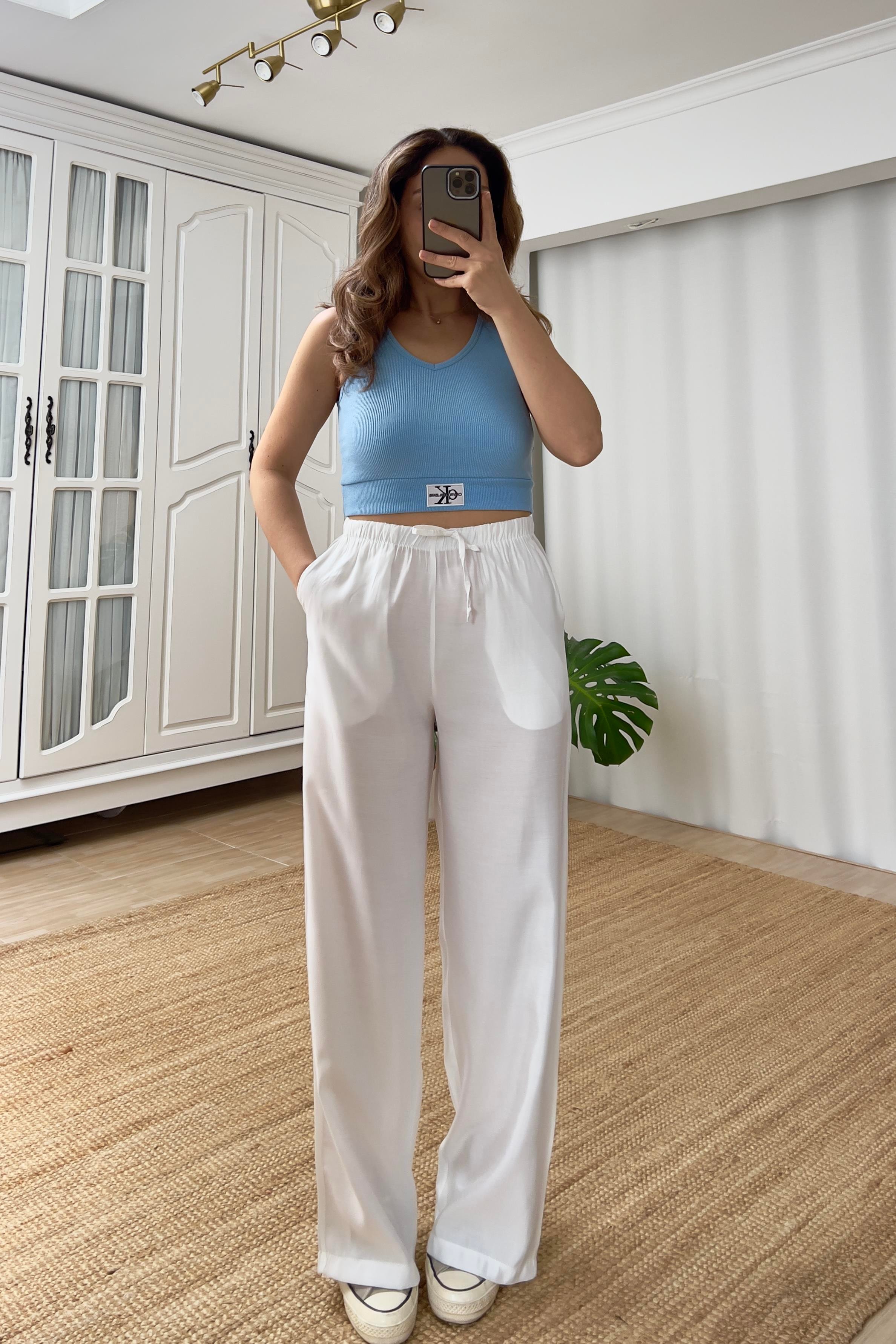 Beyaz Beli İpli Tensel Pantolon uygun fiyatlarda www.butikhola.com adresinde