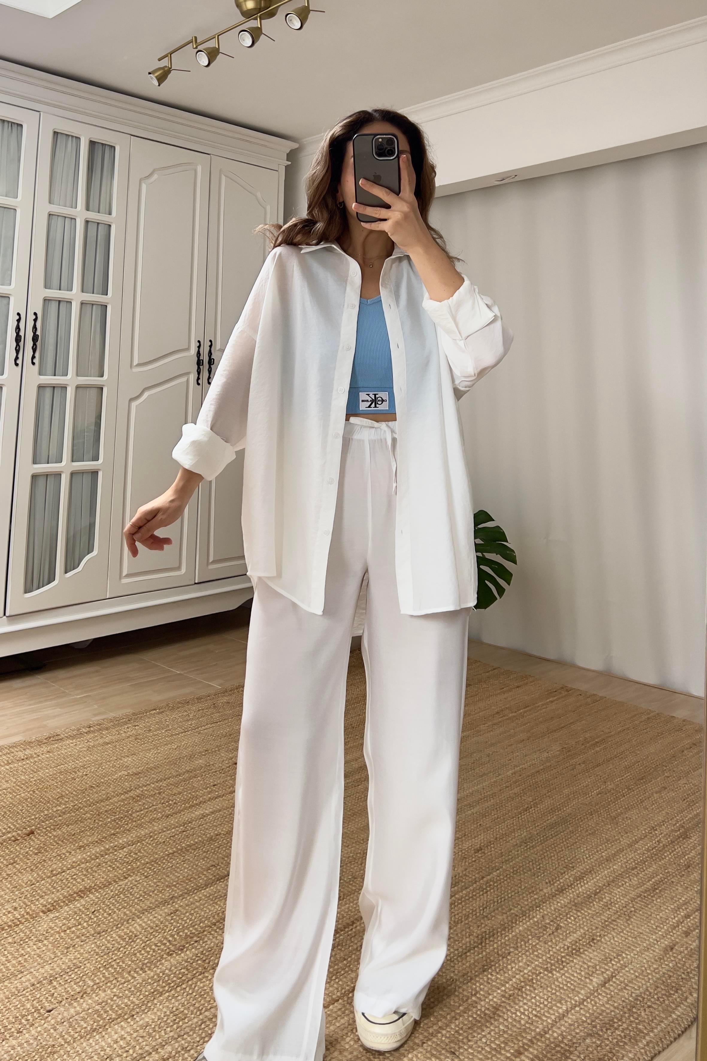 Beyaz Beli İpli Tensel Pantolon uygun fiyatlarda www.butikhola.com adresinde