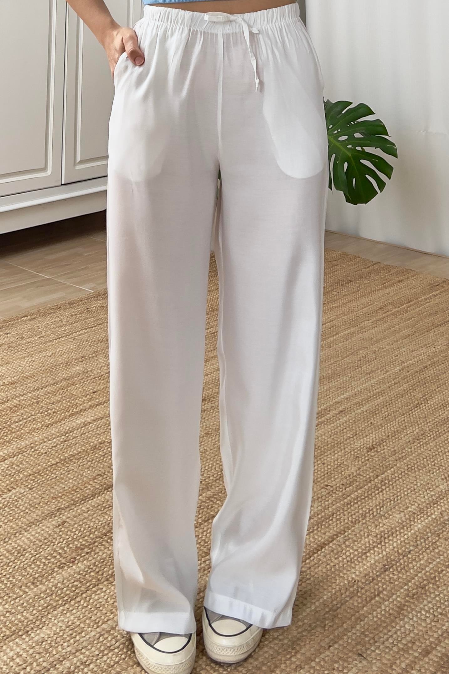 Beyaz Beli İpli Tensel Pantolon uygun fiyatlarda www.butikhola.com adresinde