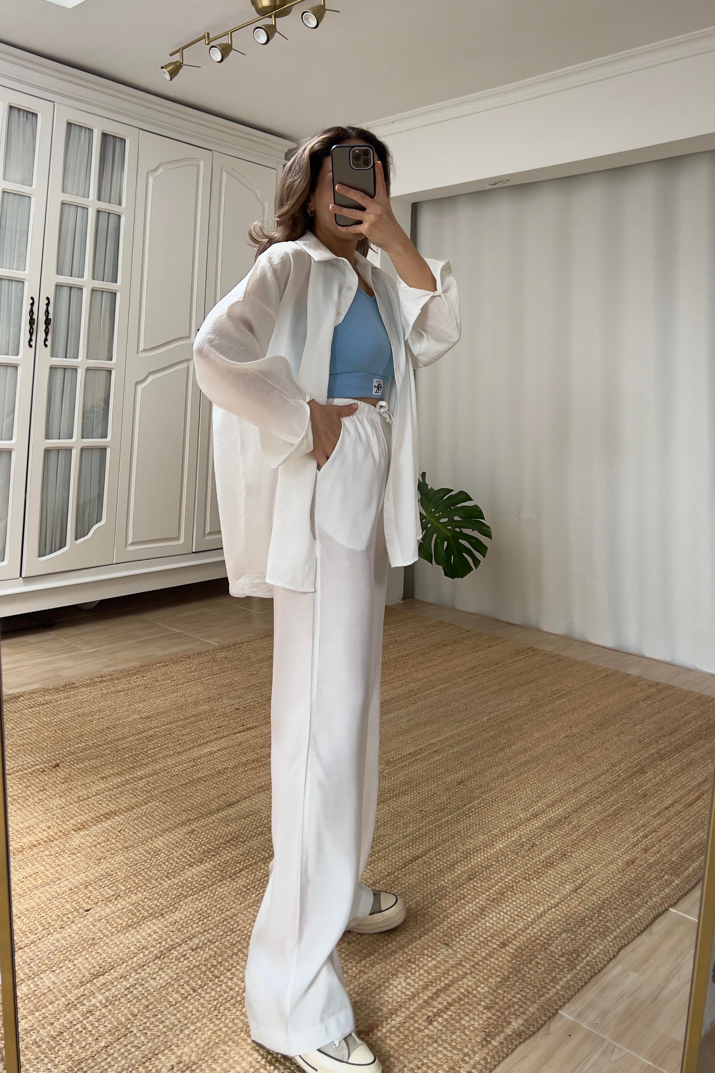 Beyaz Beli İpli Tensel Pantolon uygun fiyatlarda www.butikhola.com adresinde