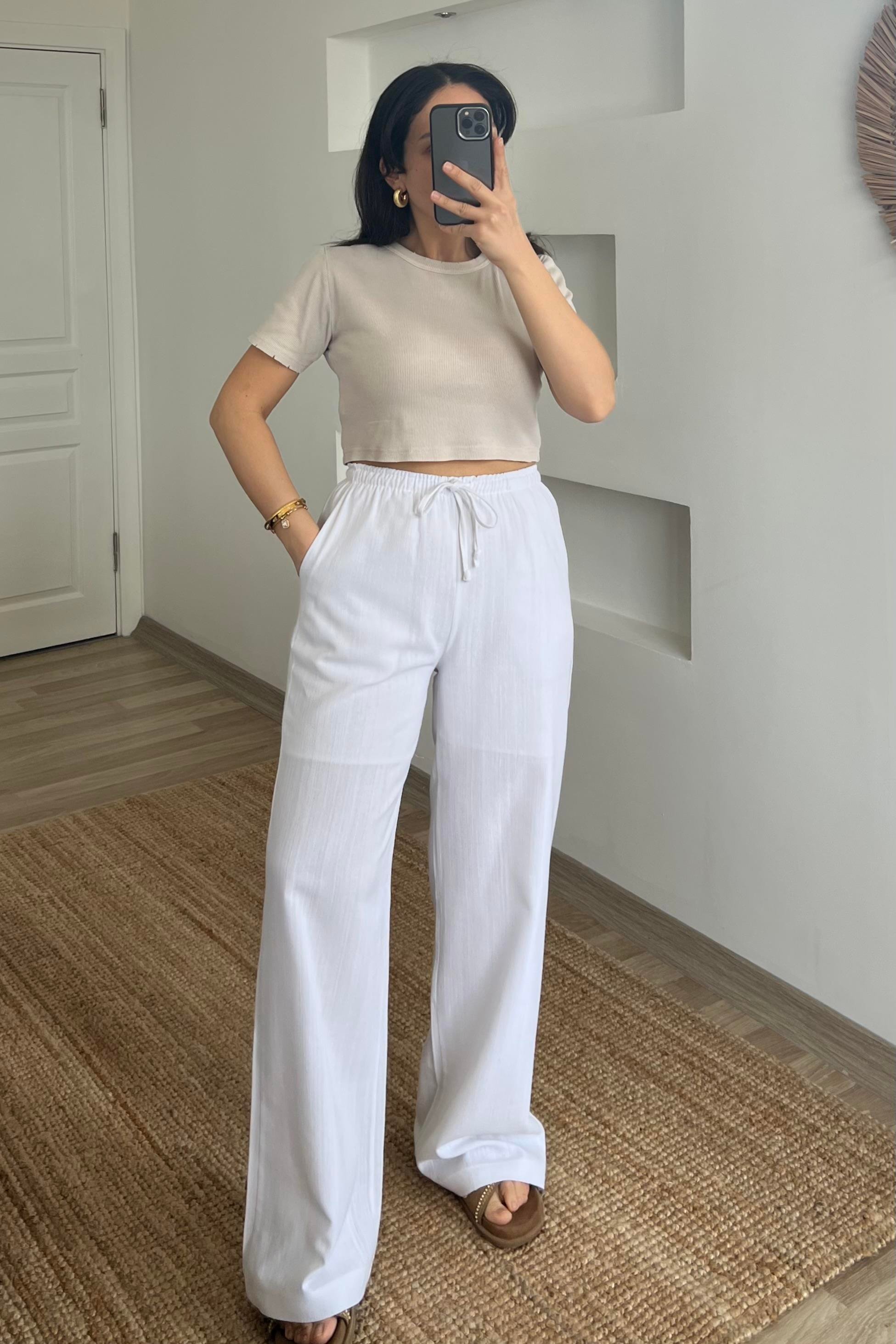 Beyaz Düz Kesim Keten Pantolon uygun fiyatlarda www.butikhola.com adresinde