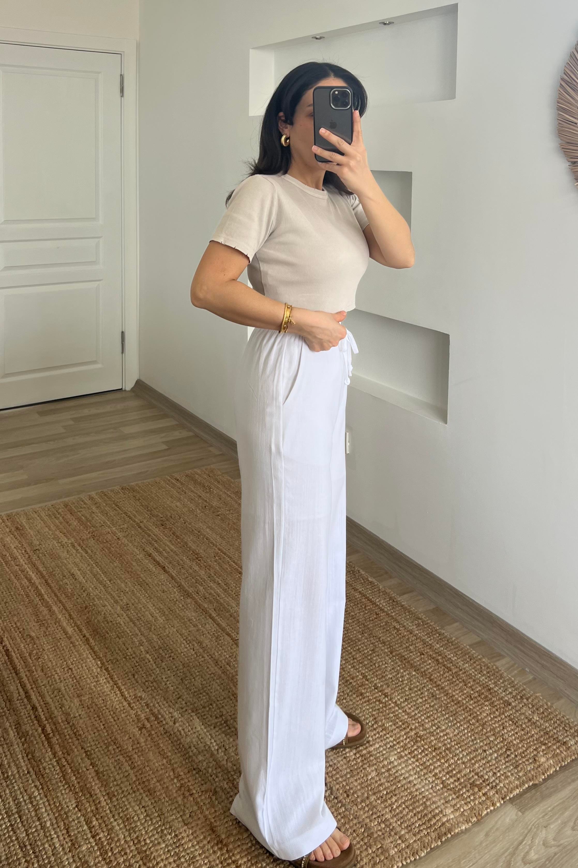 Beyaz Düz Kesim Keten Pantolon uygun fiyatlarda www.butikhola.com adresinde