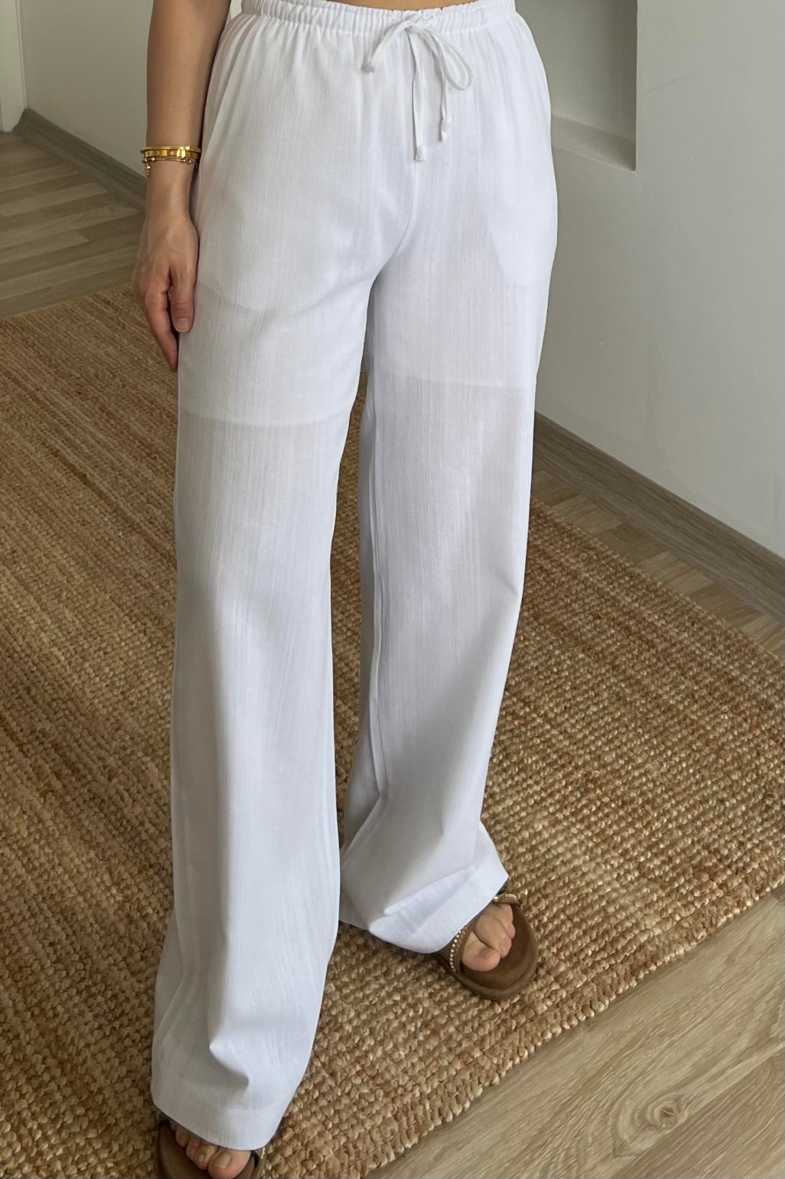 Beyaz Düz Kesim Keten Pantolon uygun fiyatlarda www.butikhola.com adresinde