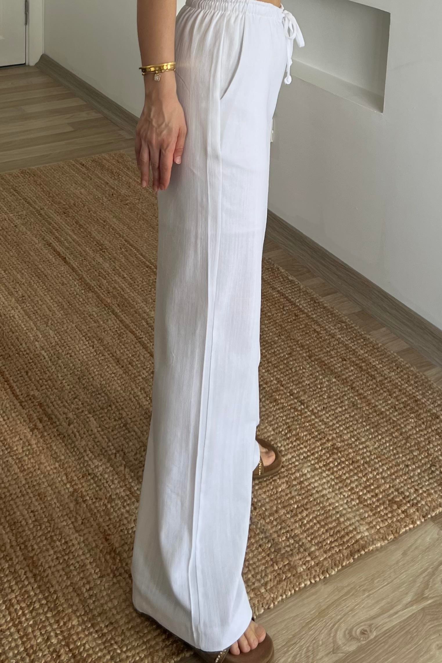Beyaz Düz Kesim Keten Pantolon uygun fiyatlarda www.butikhola.com adresinde