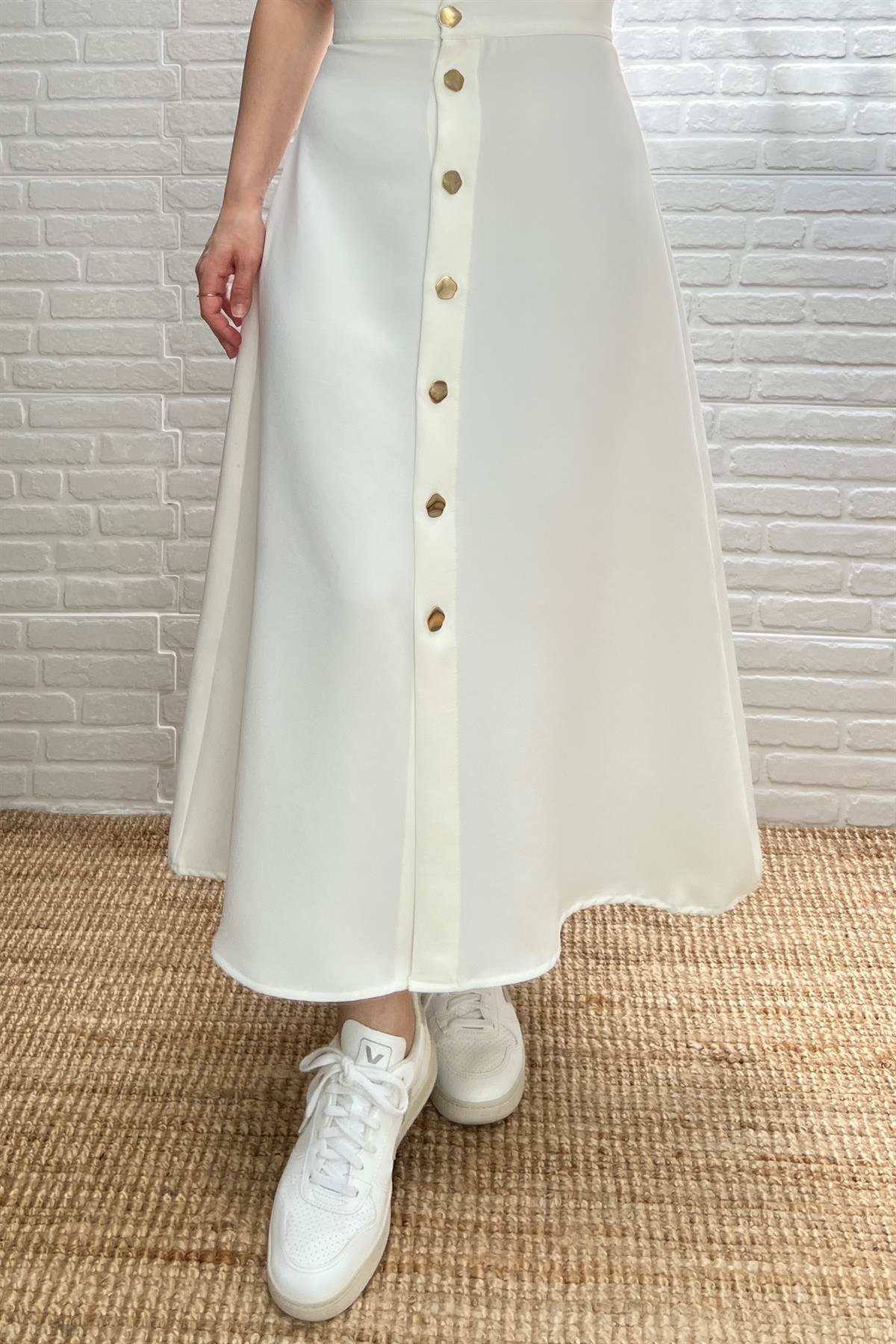 Beyaz Gold Düğmeli Maksi Etek uygun fiyatlarda www.butikhola.com adresinde