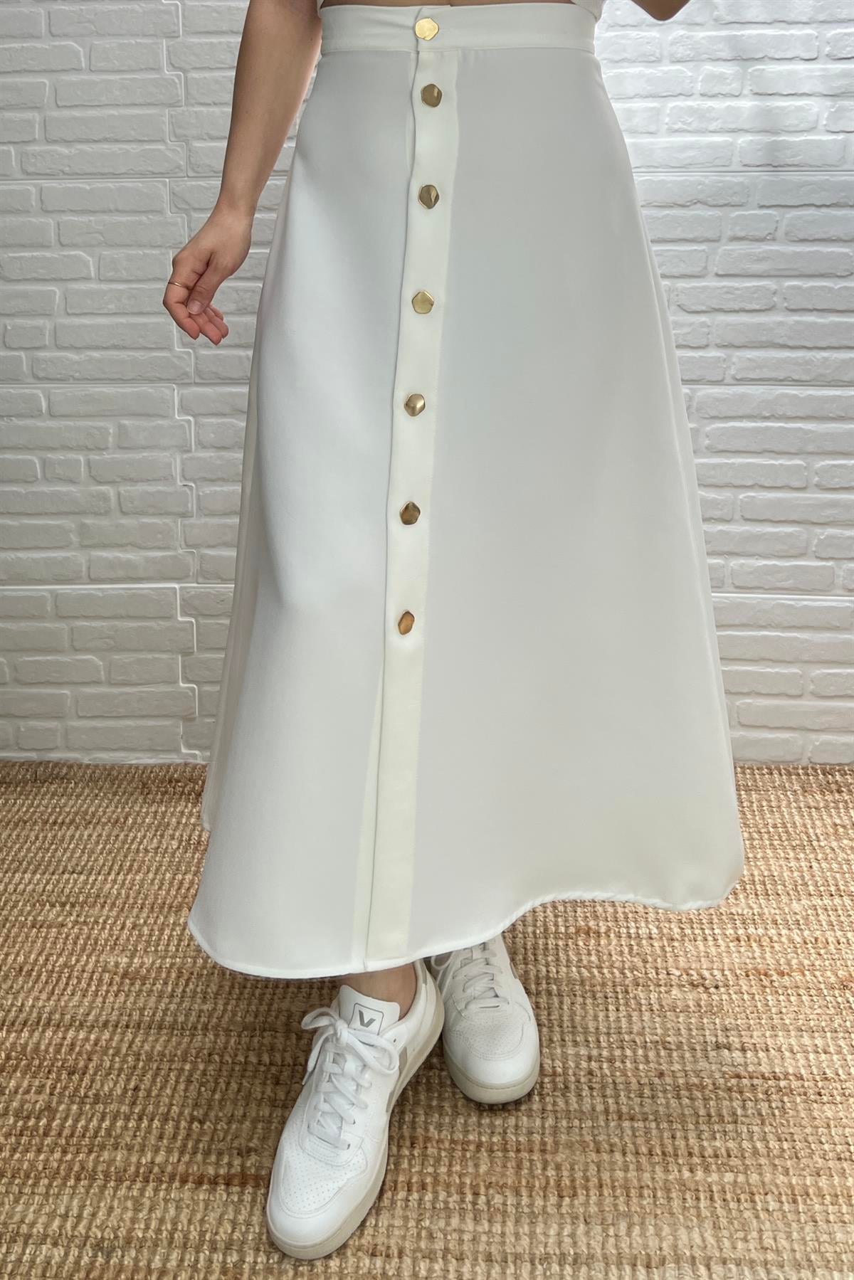 Beyaz Gold Düğmeli Maksi Etek uygun fiyatlarda www.butikhola.com adresinde