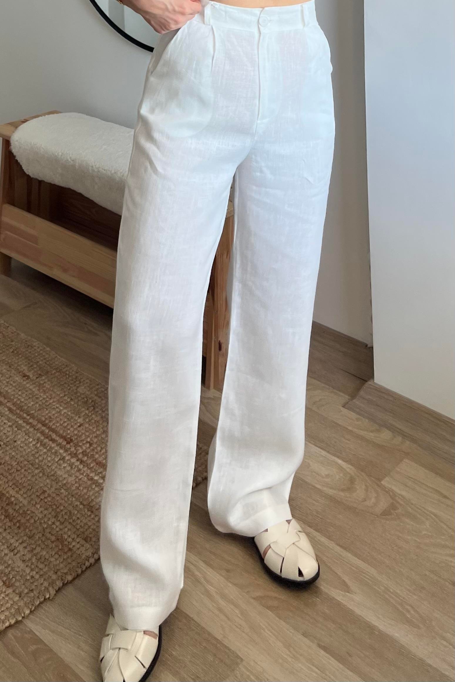 Beyaz Ham Keten Düz Kesim Pantolon uygun fiyatlarda www.butikhola.com adresinde