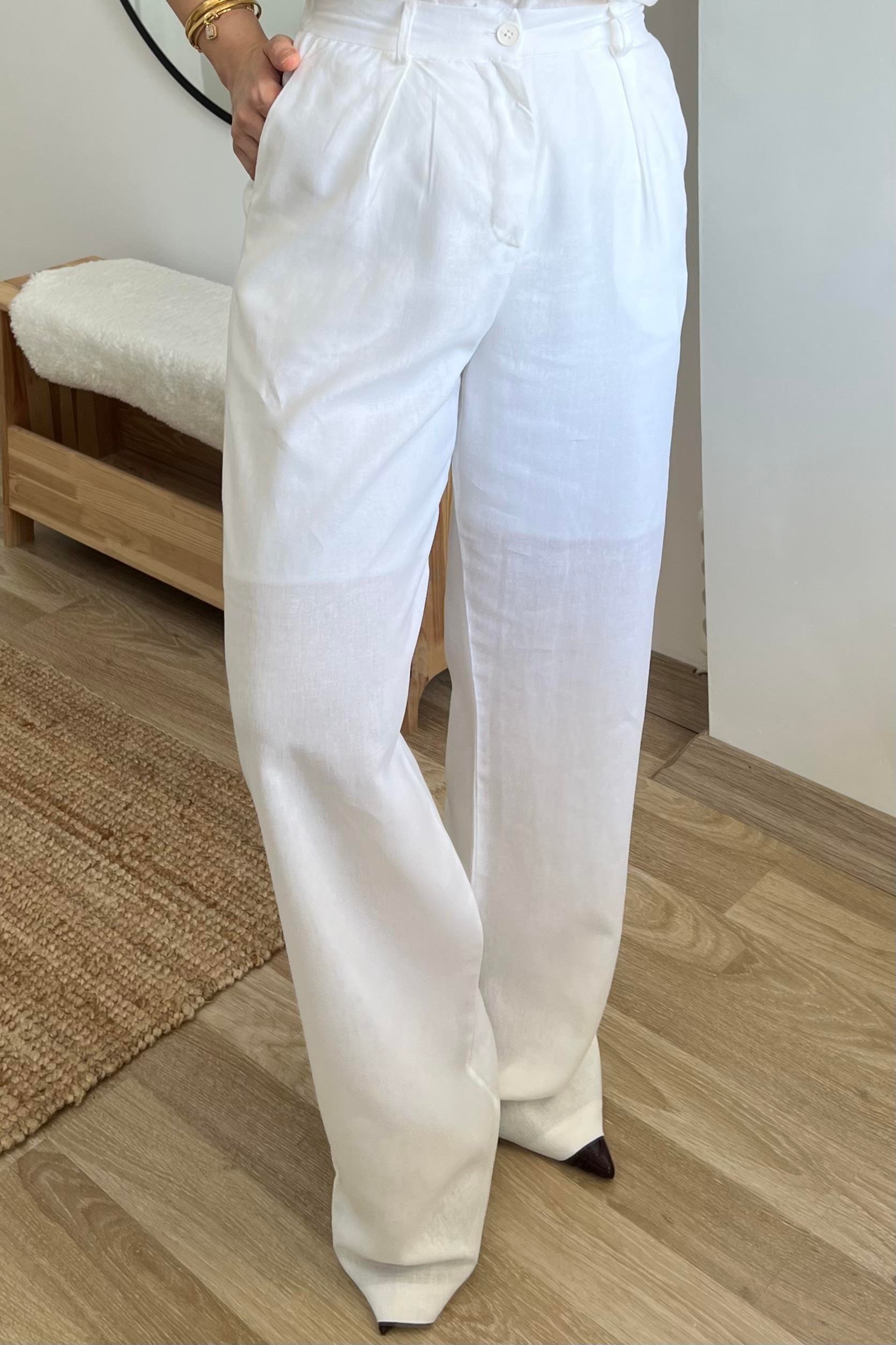 Beyaz Keten Bluz Pantolon Takım uygun fiyatlarda www.butikhola.com adresinde