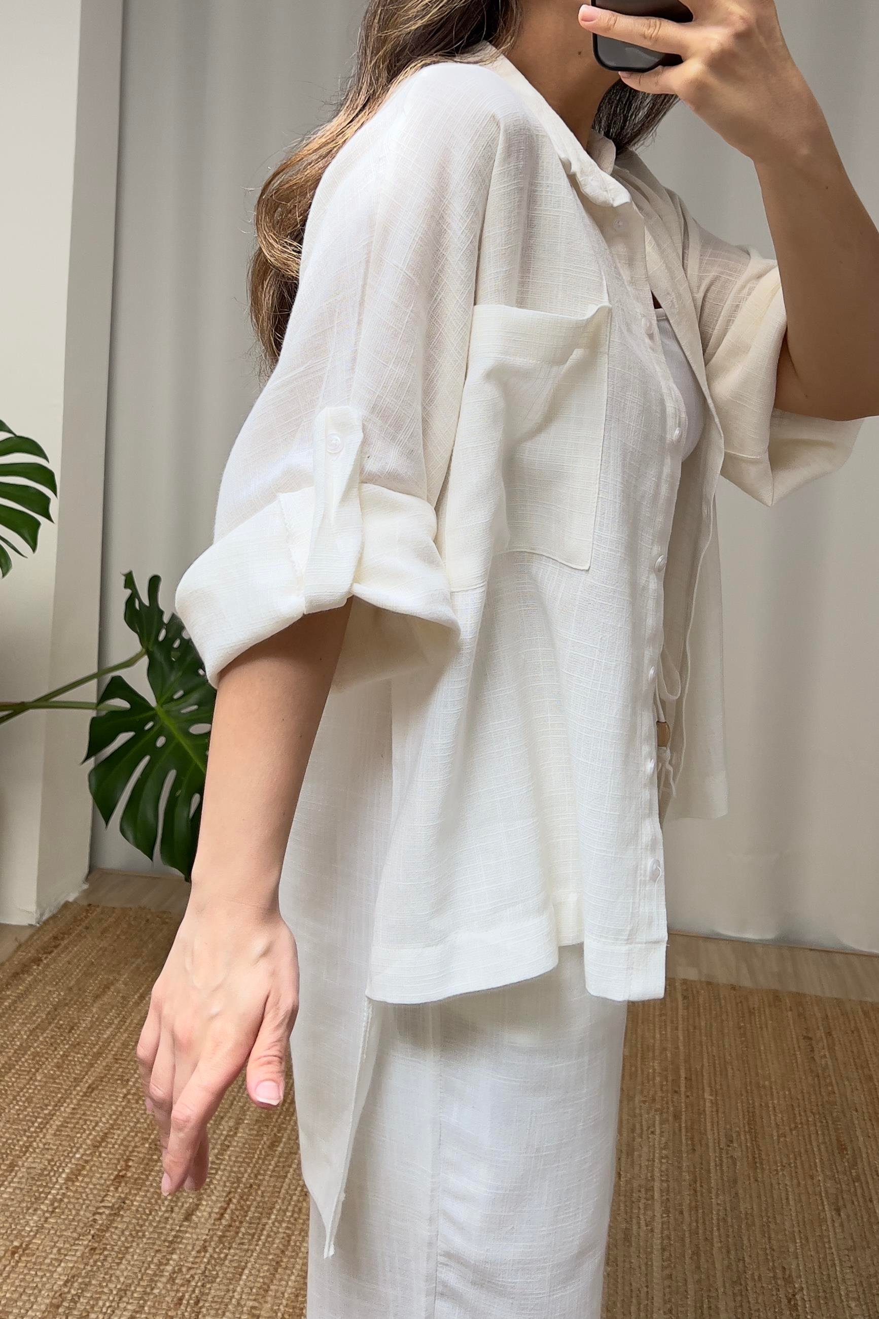 Beyaz Keten Dokulu Gömlek Pantolon Takım uygun fiyatlarda www.butikhola.com adresinde