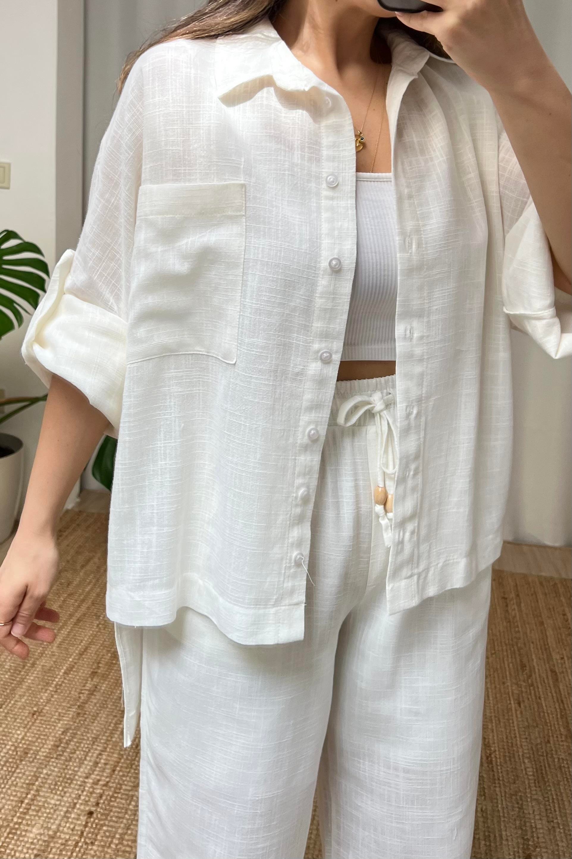 Beyaz Keten Dokulu Gömlek Pantolon Takım uygun fiyatlarda www.butikhola.com adresinde