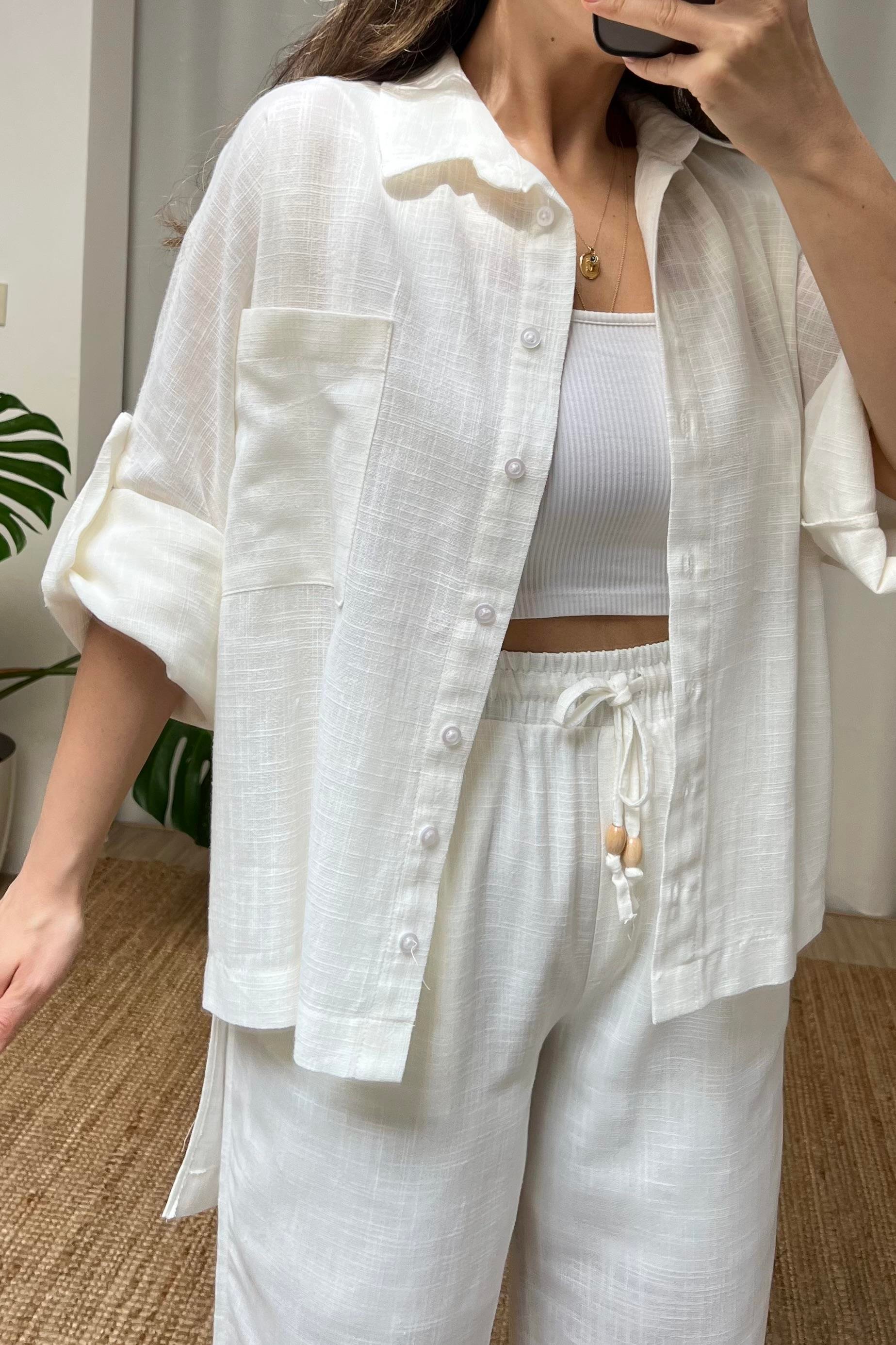 Beyaz Keten Dokulu Gömlek Pantolon Takım uygun fiyatlarda www.butikhola.com adresinde