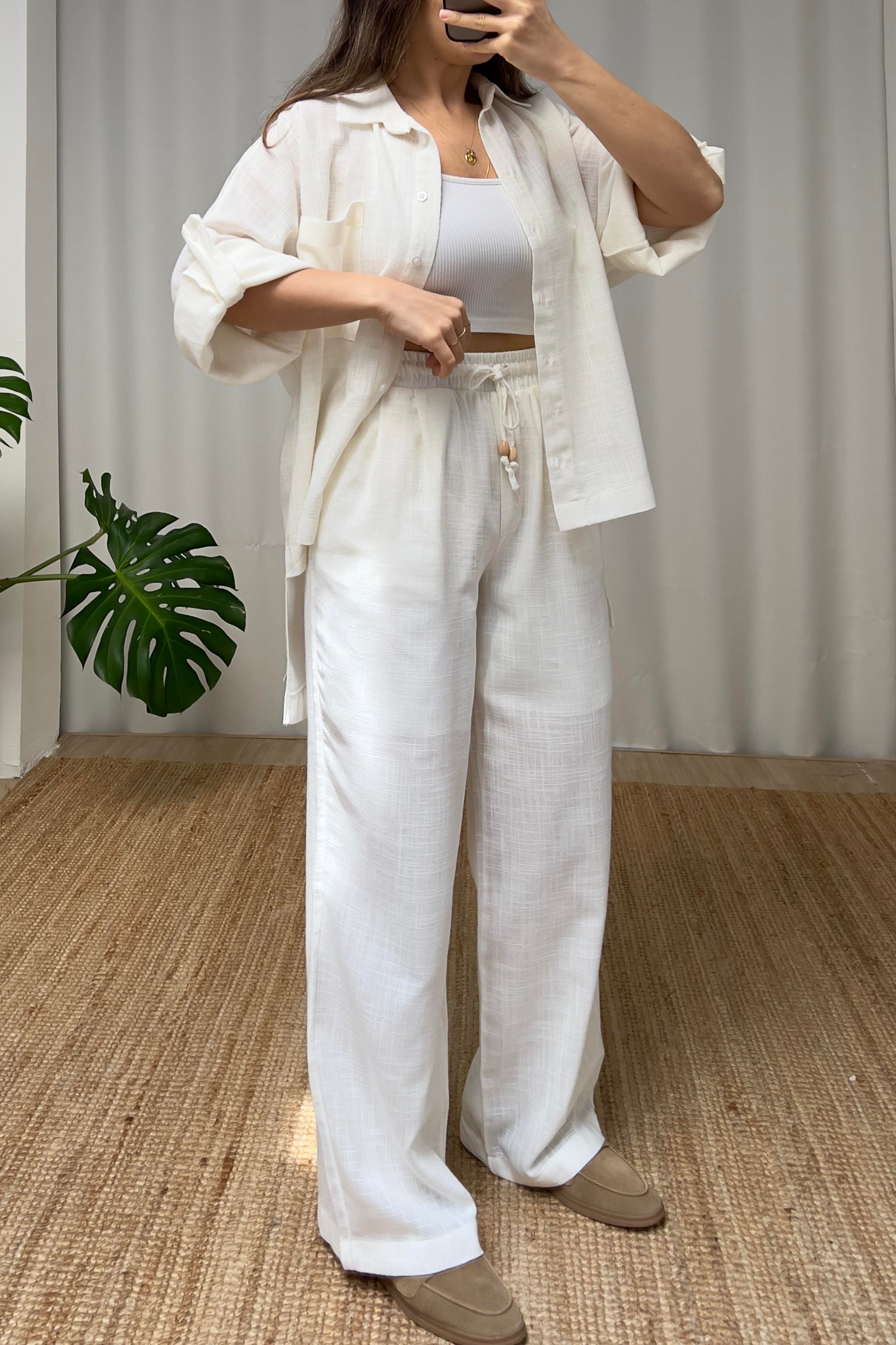 Beyaz Keten Dokulu Gömlek Pantolon Takım uygun fiyatlarda www.butikhola.com adresinde