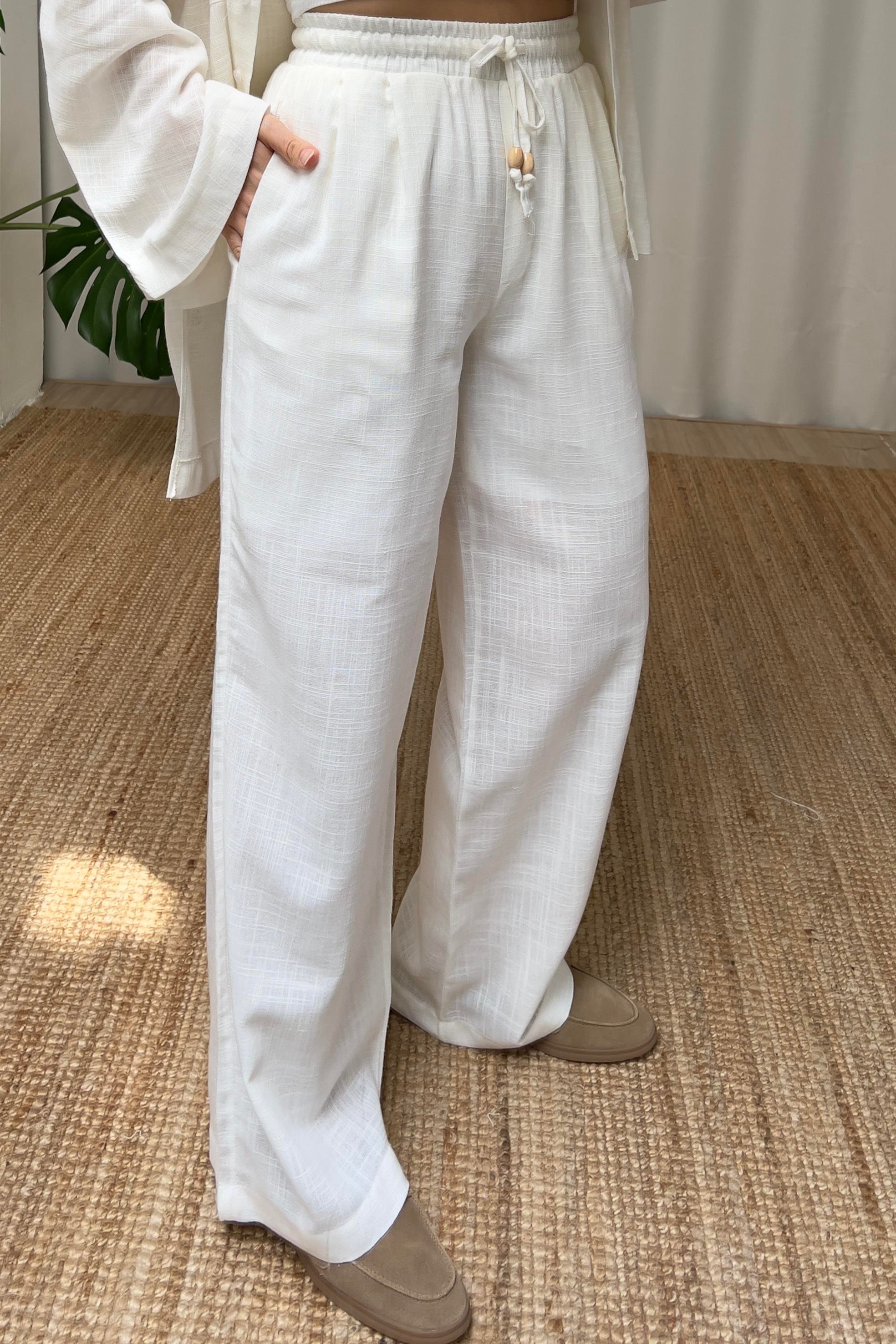 Beyaz Keten Dokulu Gömlek Pantolon Takım uygun fiyatlarda www.butikhola.com adresinde