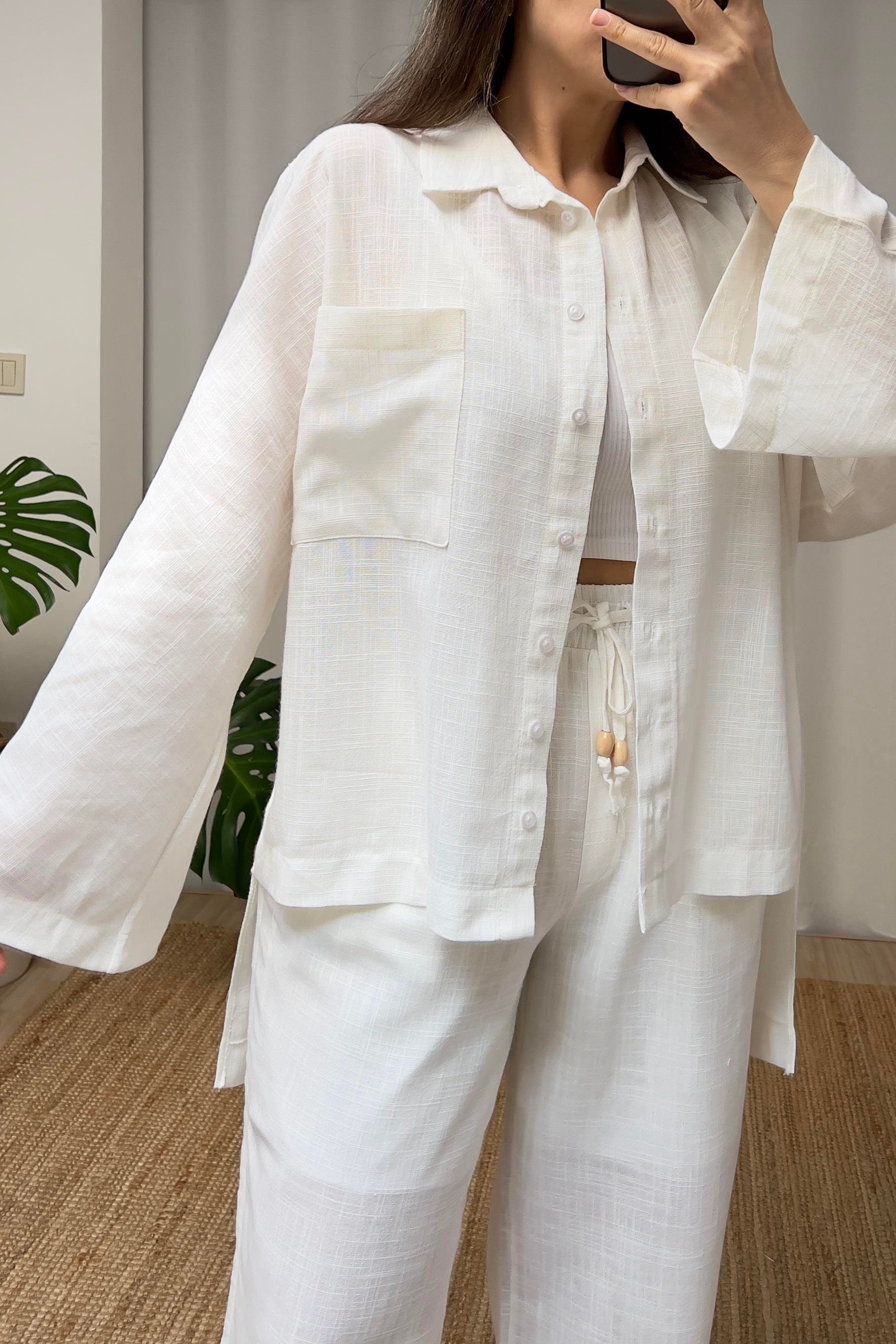 Beyaz Keten Dokulu Gömlek Pantolon Takım uygun fiyatlarda www.butikhola.com adresinde
