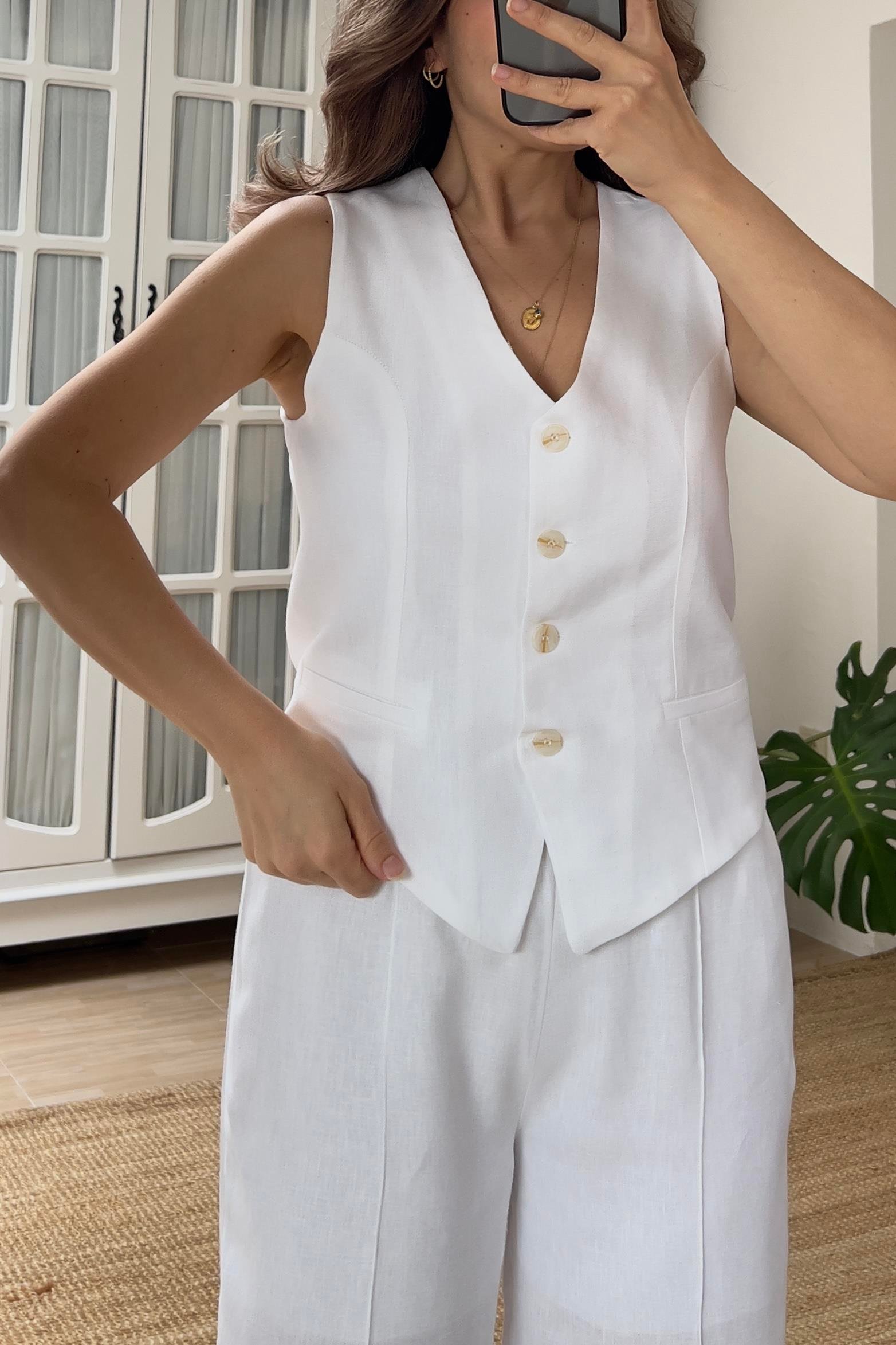 Beyaz Keten Yelek Pantolon Takım uygun fiyatlarda www.butikhola.com adresinde