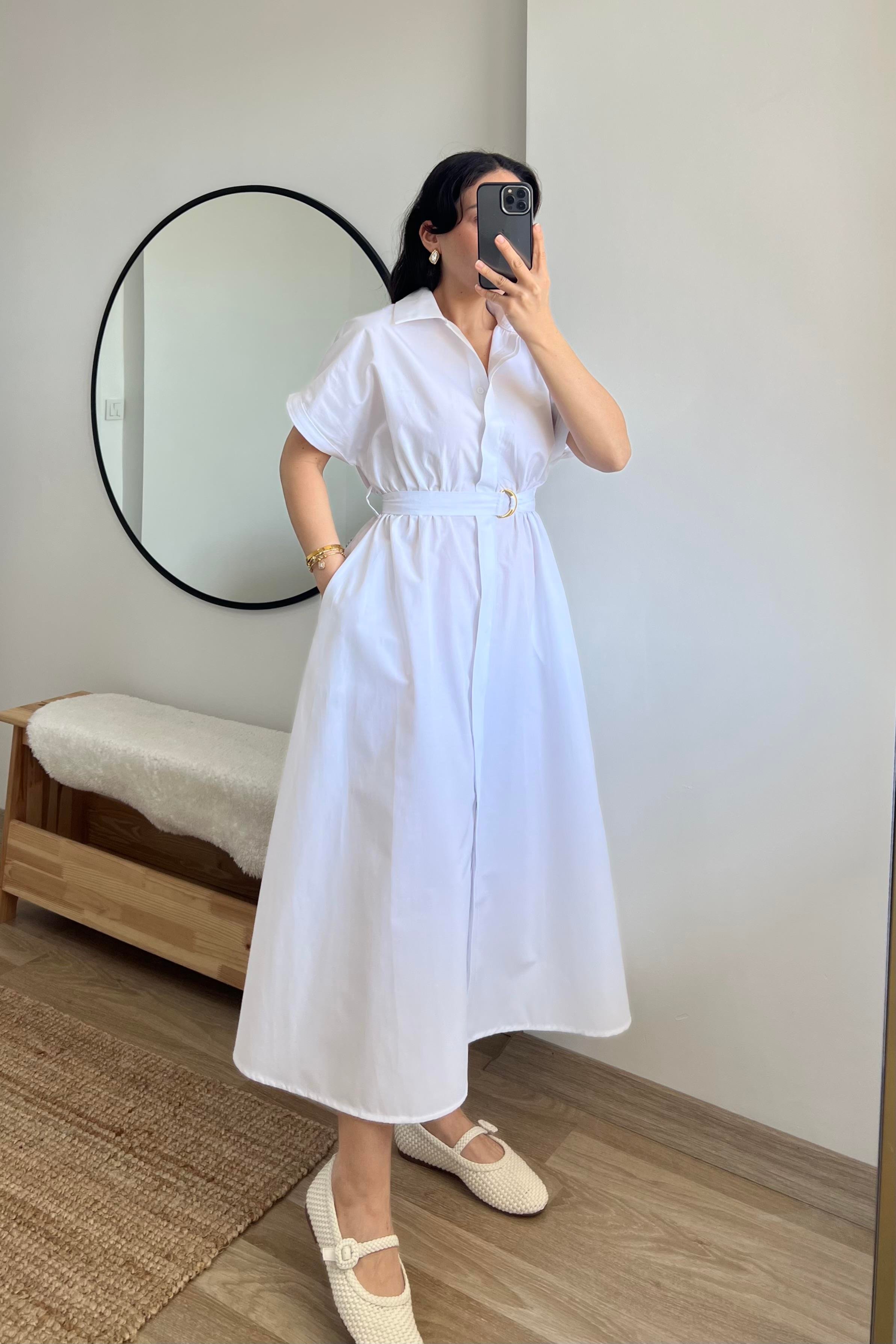 Beyaz Kuşaklı Poplin Elbise uygun fiyatlarda www.butikhola.com adresinde