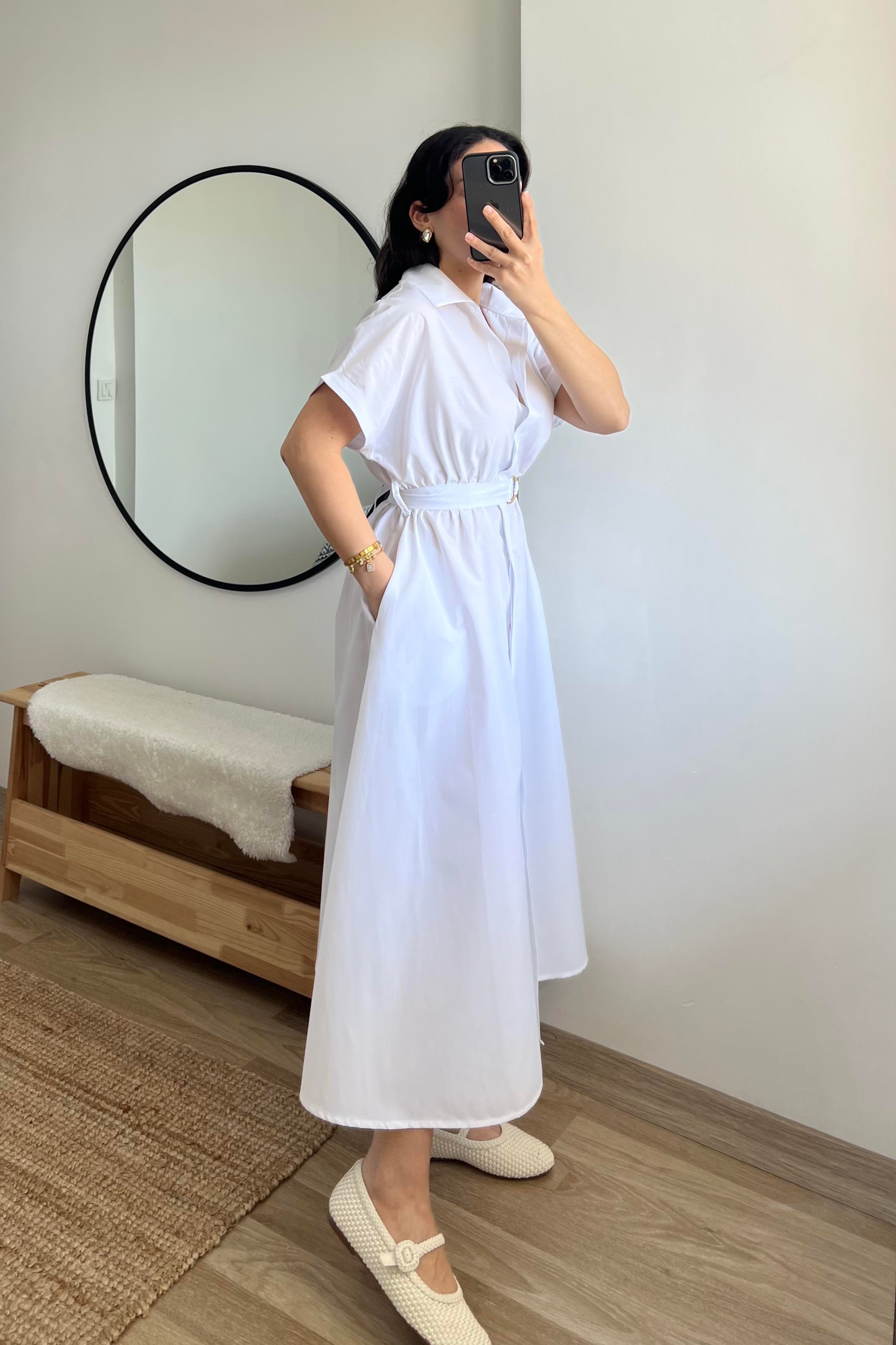 Beyaz Kuşaklı Poplin Elbise uygun fiyatlarda www.butikhola.com adresinde