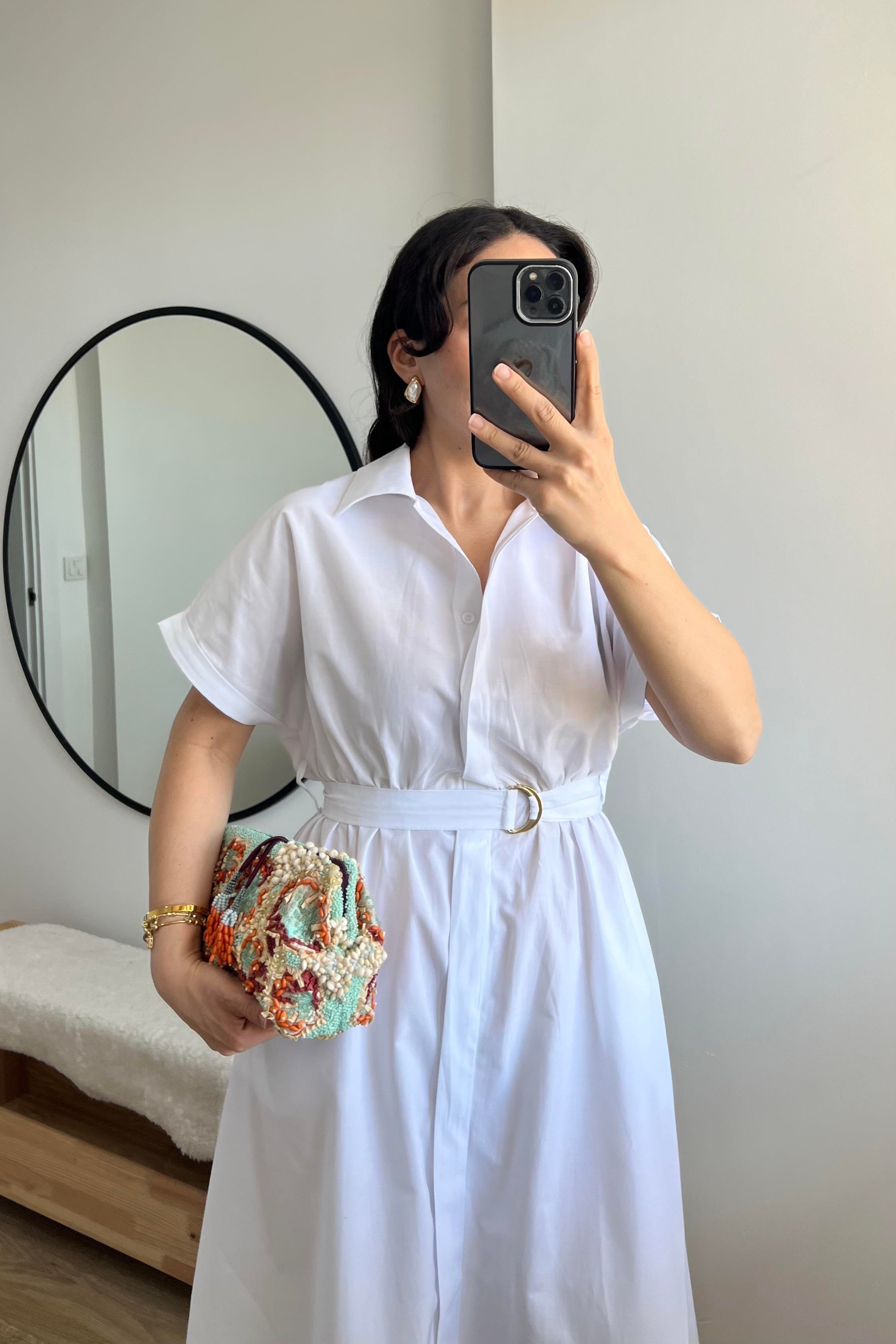 Beyaz Kuşaklı Poplin Elbise uygun fiyatlarda www.butikhola.com adresinde