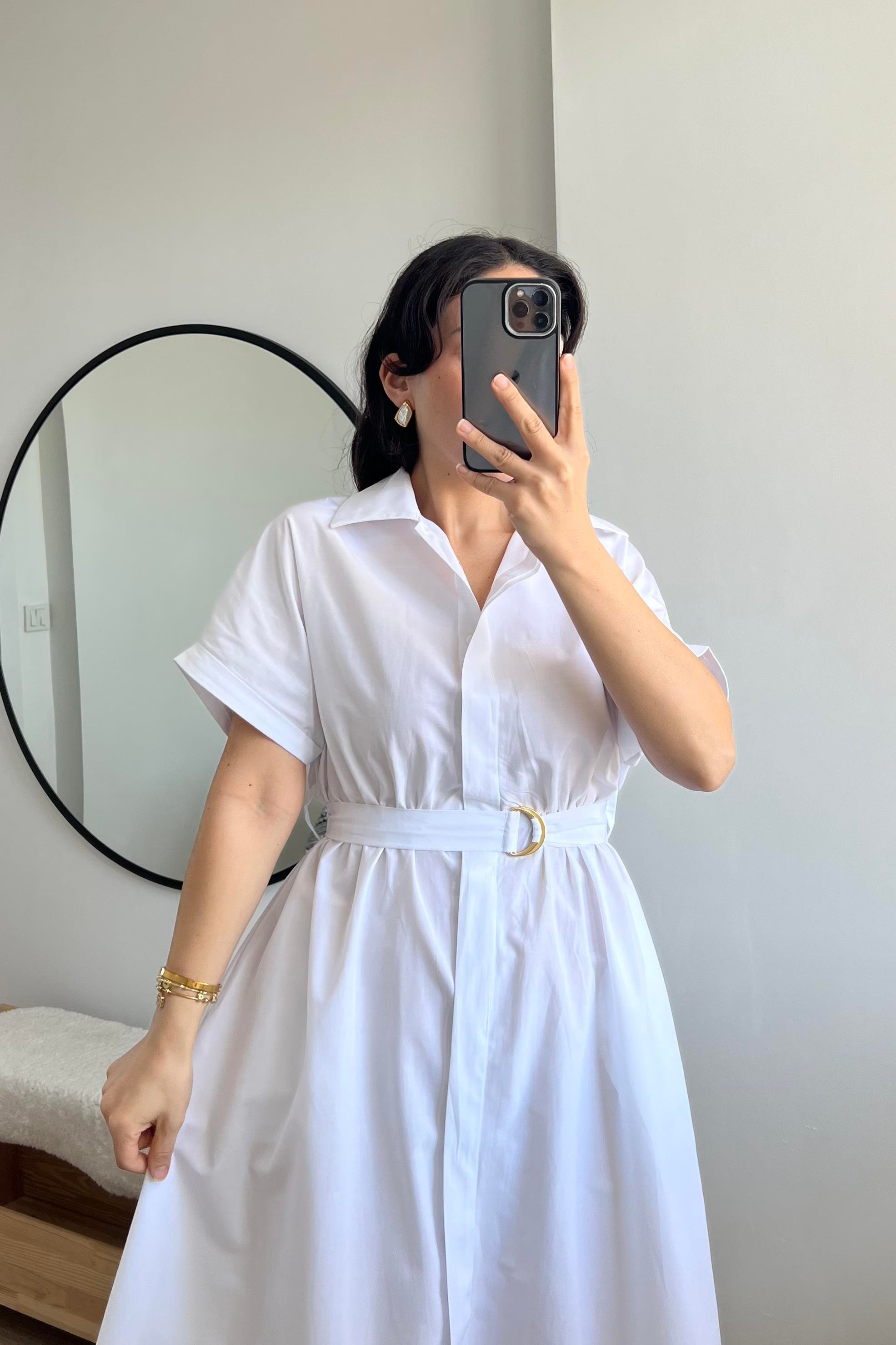 Beyaz Kuşaklı Poplin Elbise uygun fiyatlarda www.butikhola.com adresinde