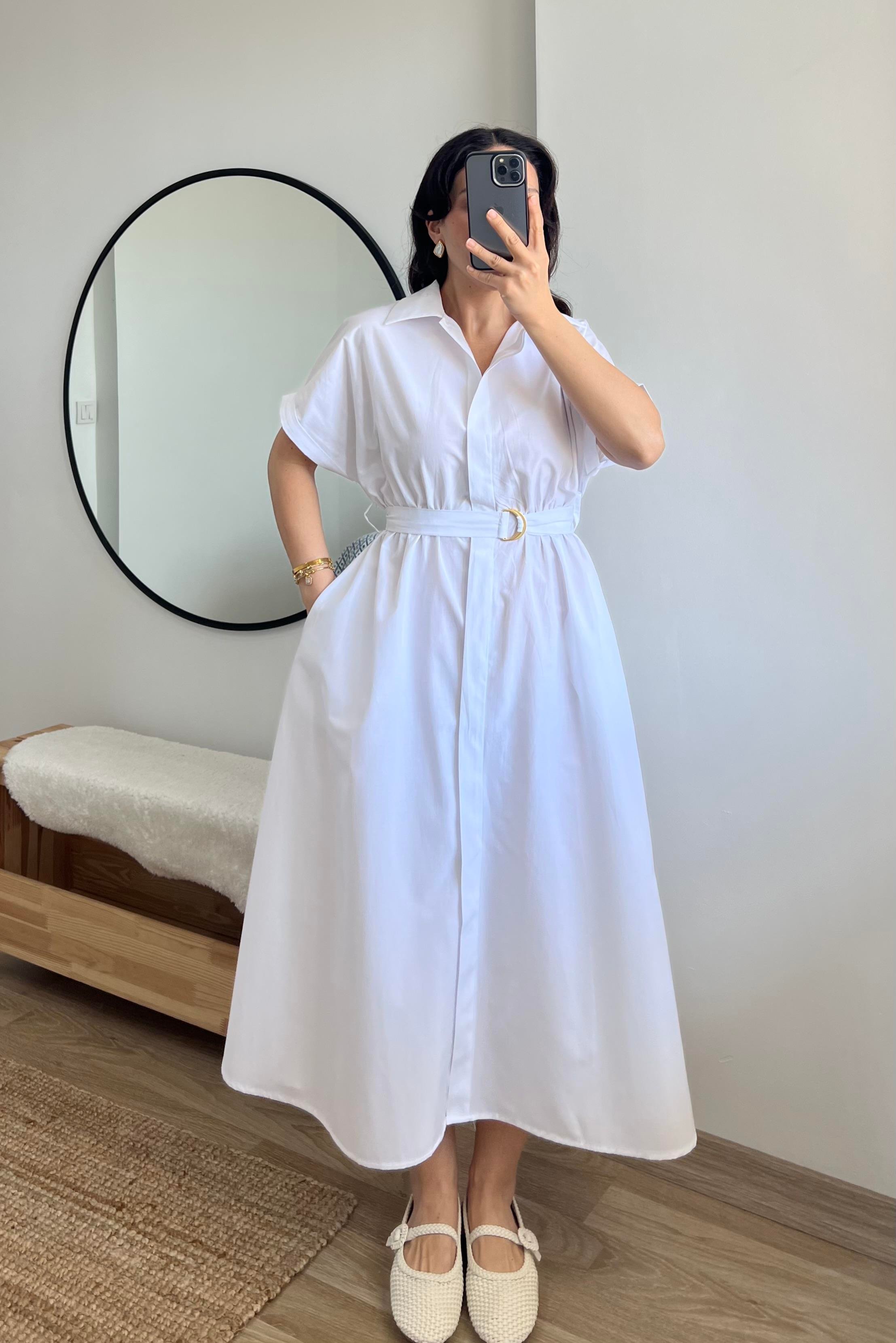 Beyaz Kuşaklı Poplin Elbise uygun fiyatlarda www.butikhola.com adresinde