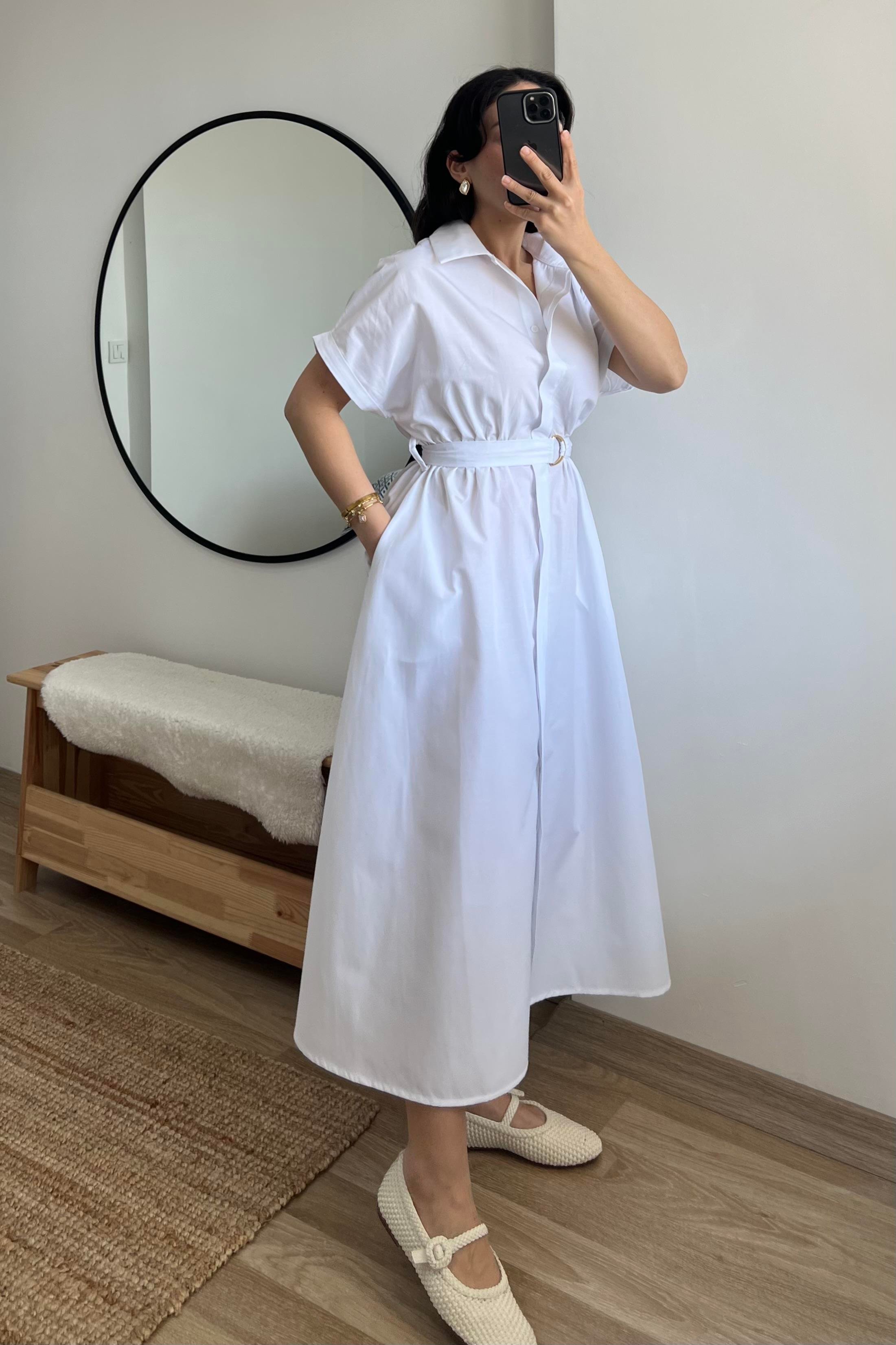 Beyaz Kuşaklı Poplin Elbise uygun fiyatlarda www.butikhola.com adresinde