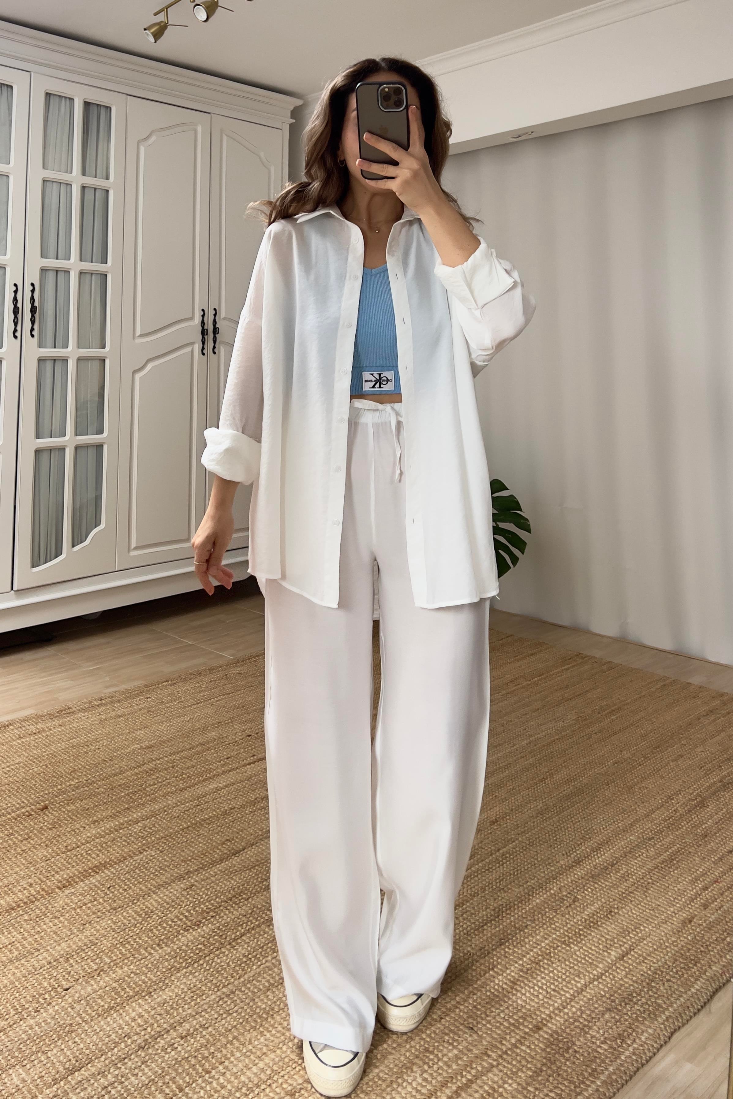 Beyaz Oversize Tensel Gömlek  uygun fiyatlarda www.butikhola.com adresinde