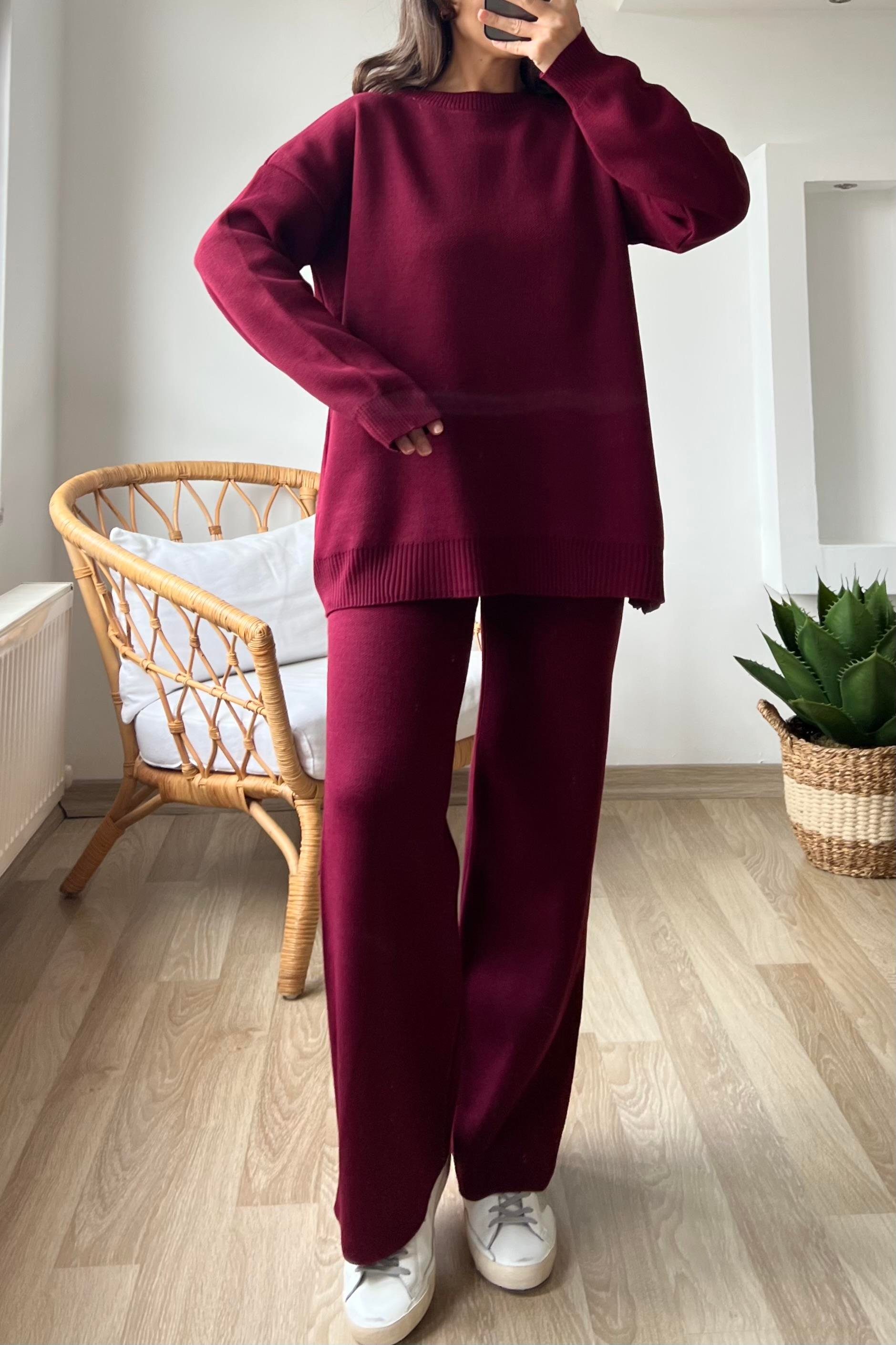 Bordo Çelik Örme Triko Takım uygun fiyatlarda www.butikhola.com adresinde