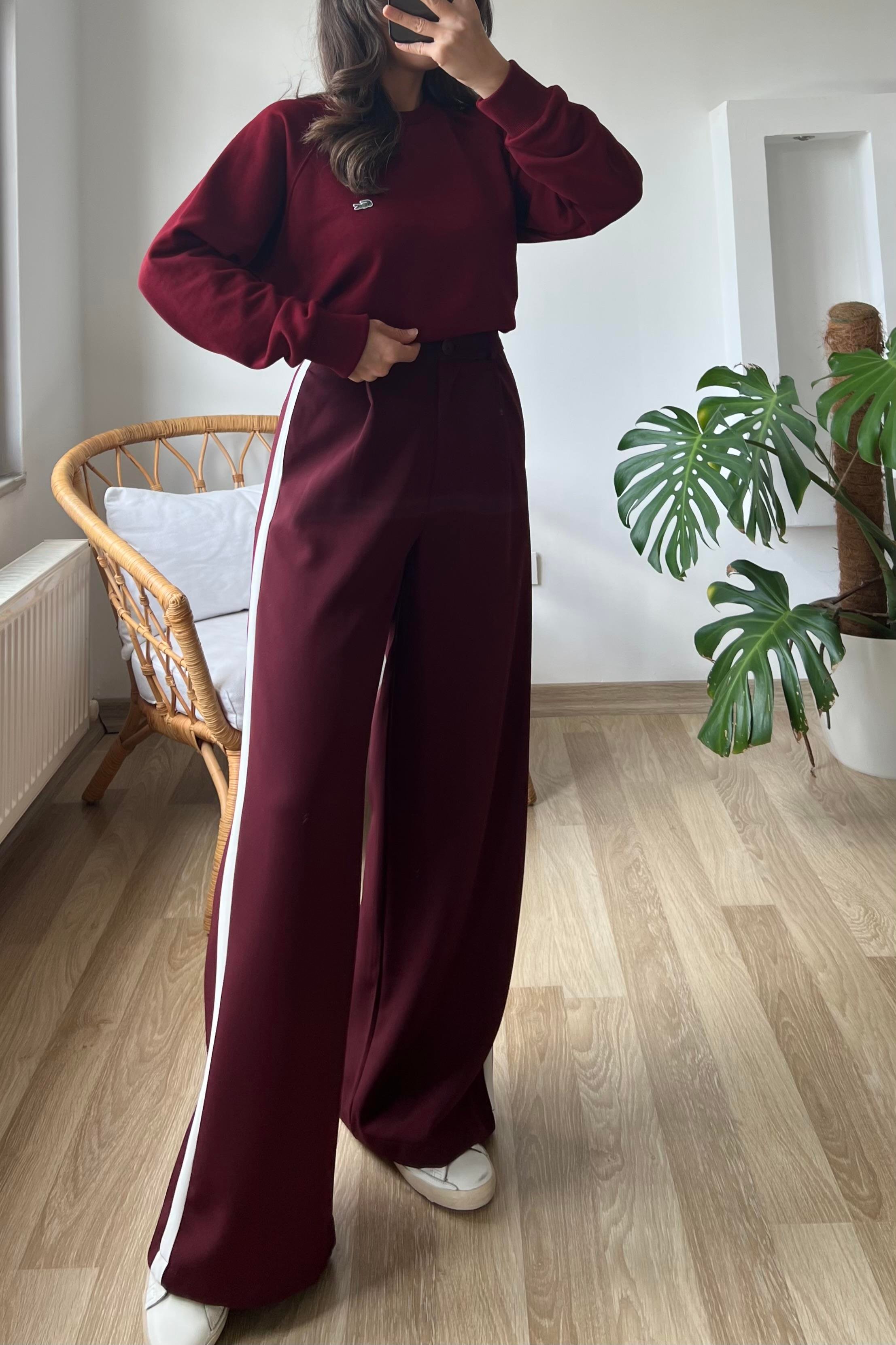 Bordo Çift Bel Şerit Detaylı Pantolon uygun fiyatlarda www.butikhola.com adresinde