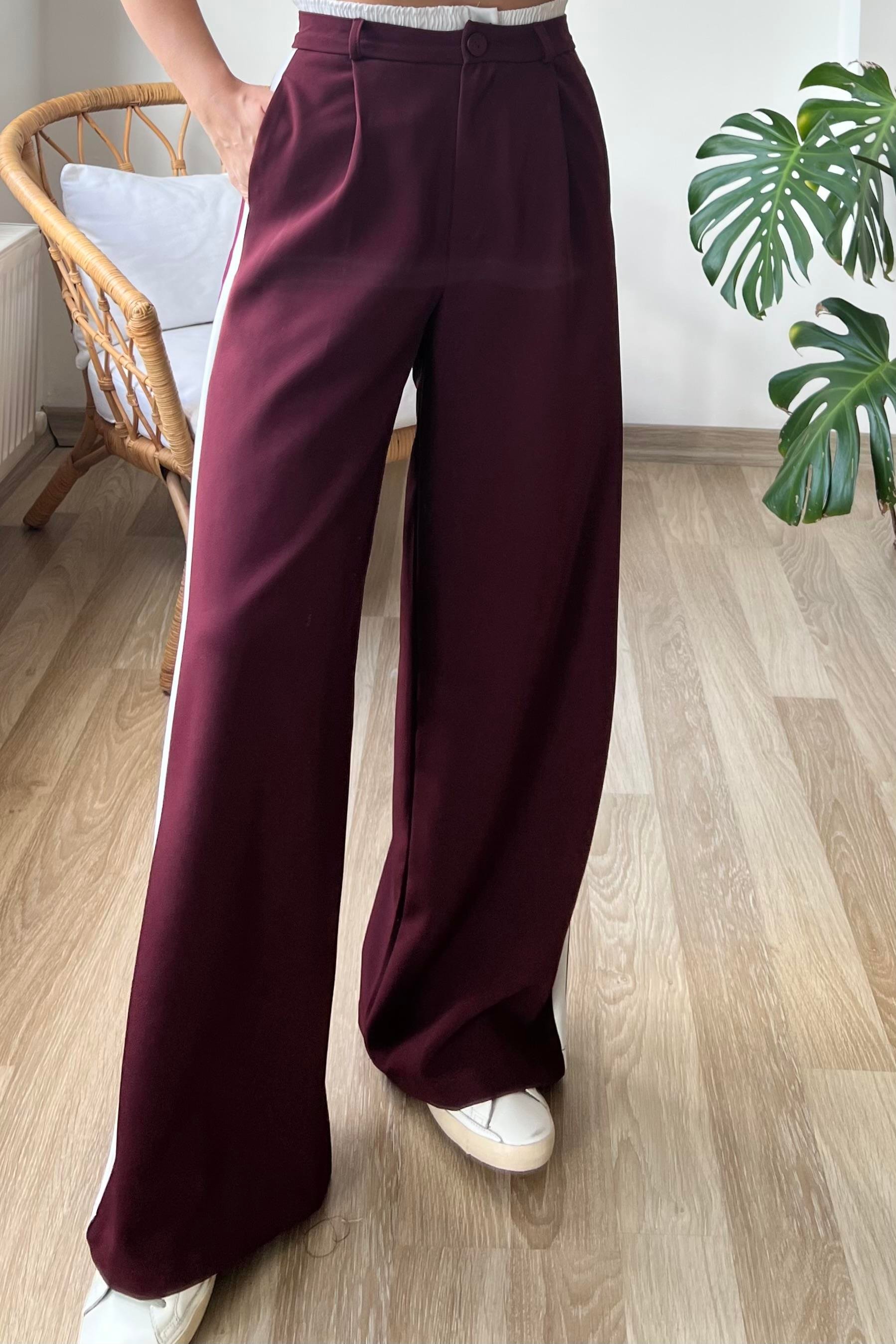 Bordo Çift Bel Şerit Detaylı Pantolon uygun fiyatlarda www.butikhola.com adresinde