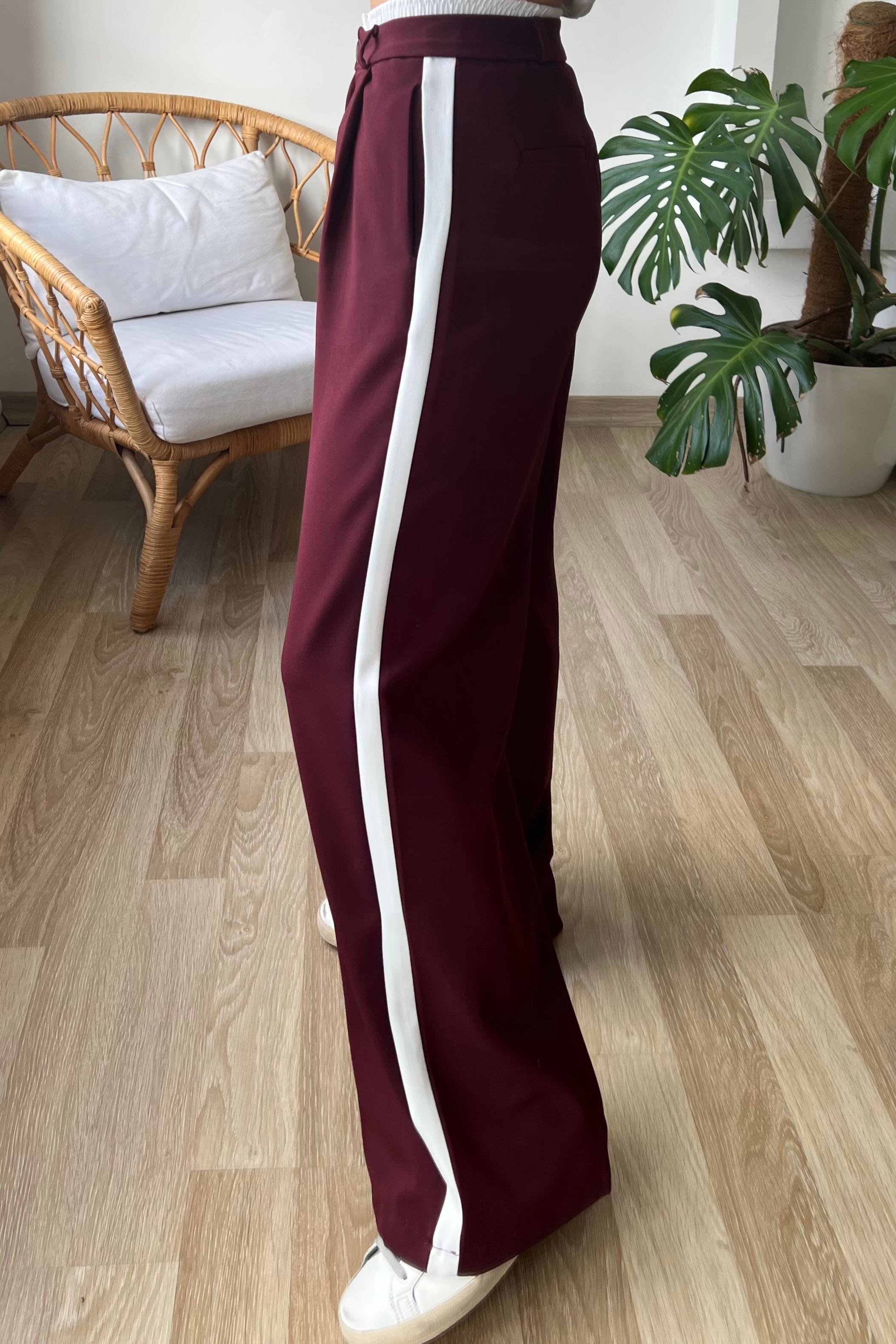 Bordo Çift Bel Şerit Detaylı Pantolon uygun fiyatlarda www.butikhola.com adresinde
