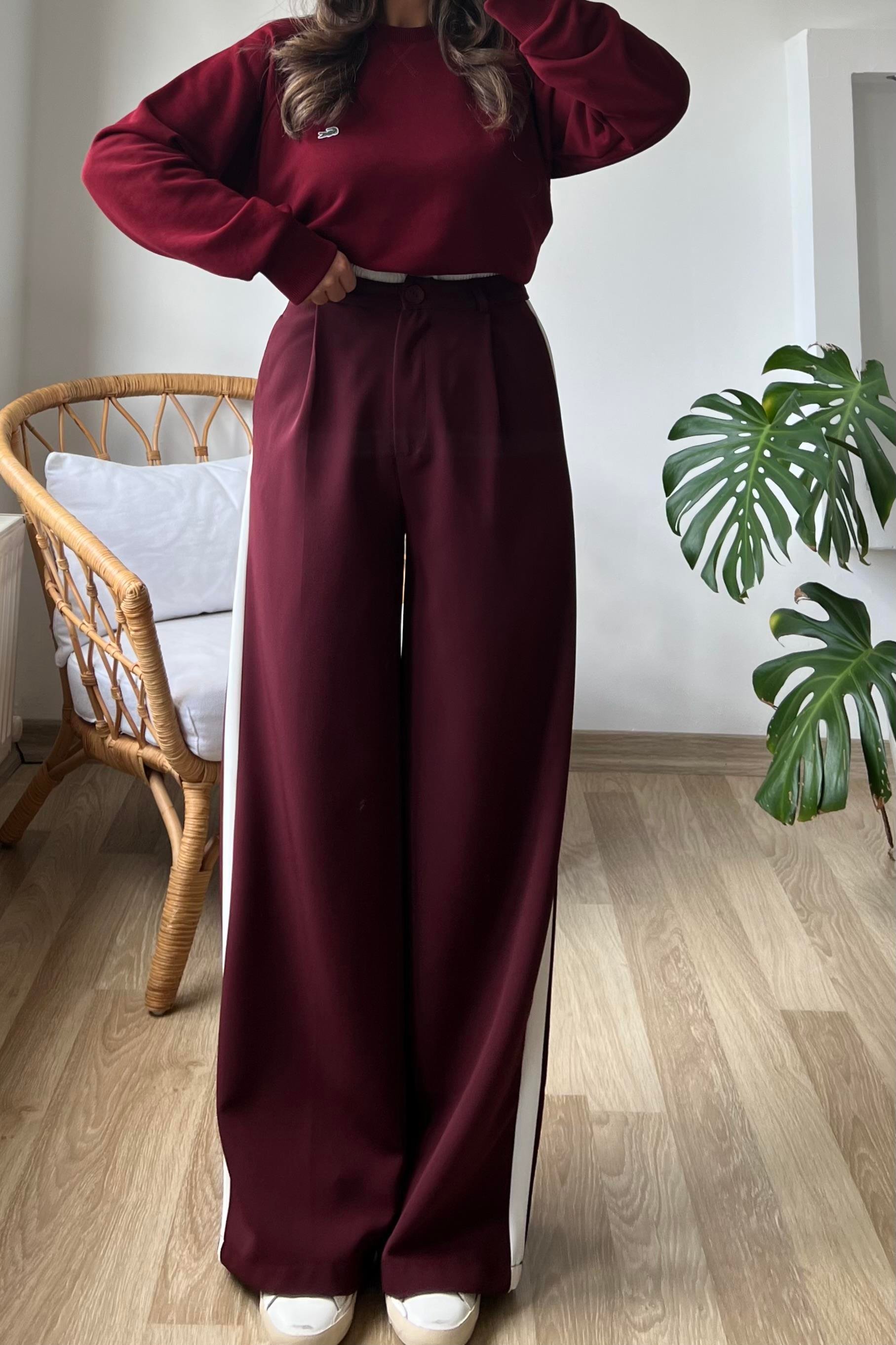 Bordo Çift Bel Şerit Detaylı Pantolon uygun fiyatlarda www.butikhola.com adresinde