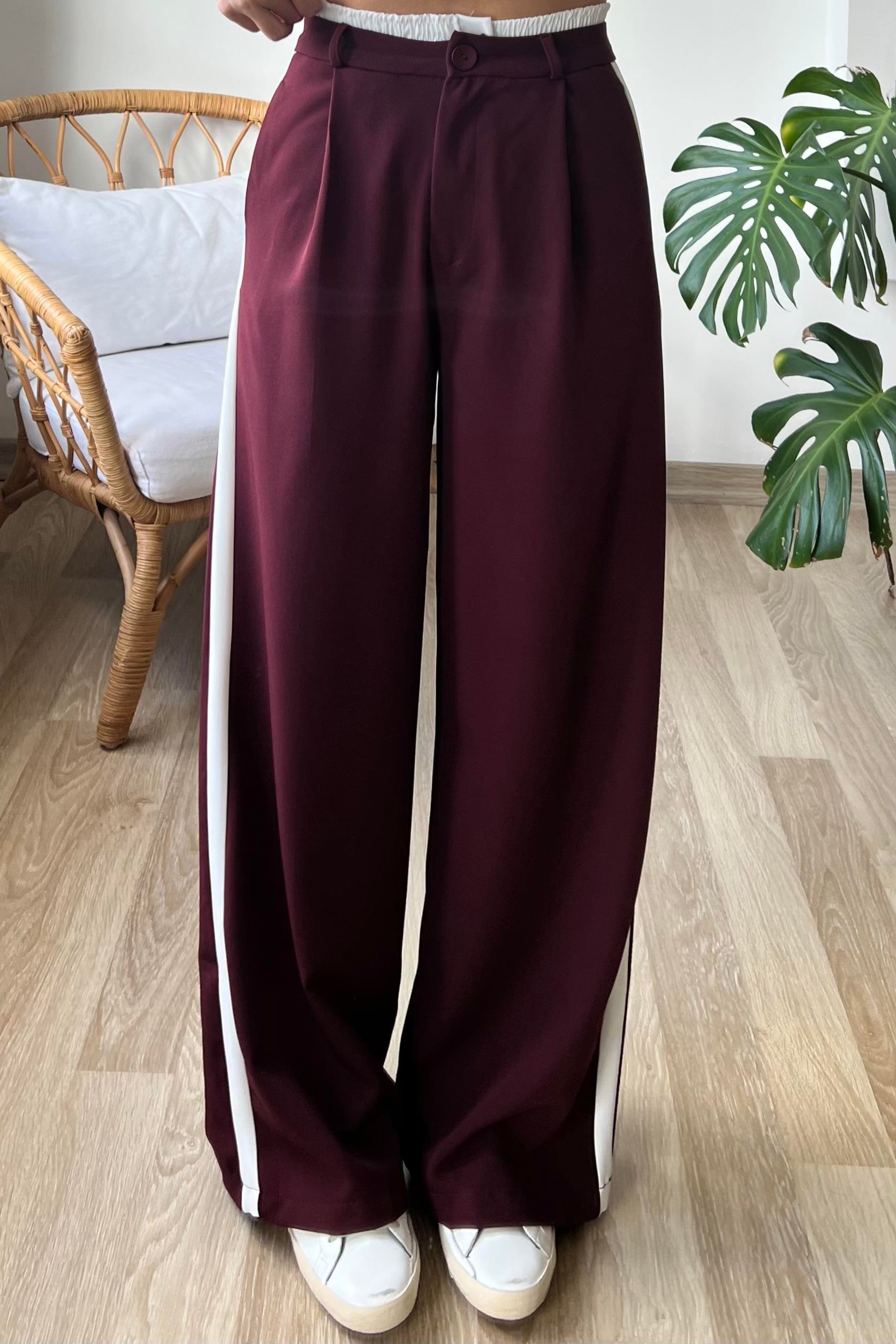 Bordo Çift Bel Şerit Detaylı Pantolon uygun fiyatlarda www.butikhola.com adresinde