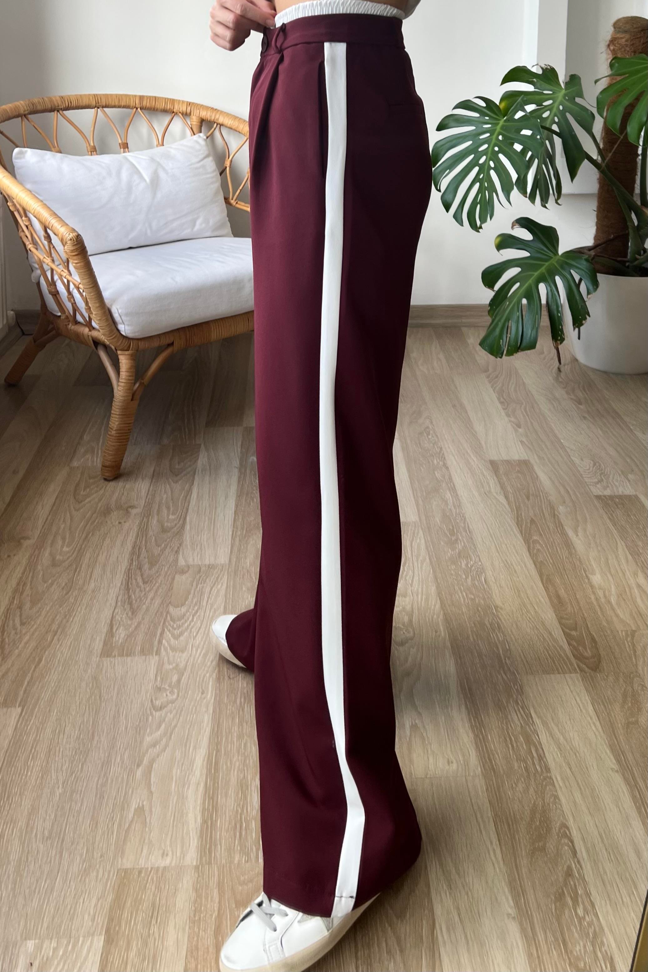 Bordo Çift Bel Şerit Detaylı Pantolon uygun fiyatlarda www.butikhola.com adresinde