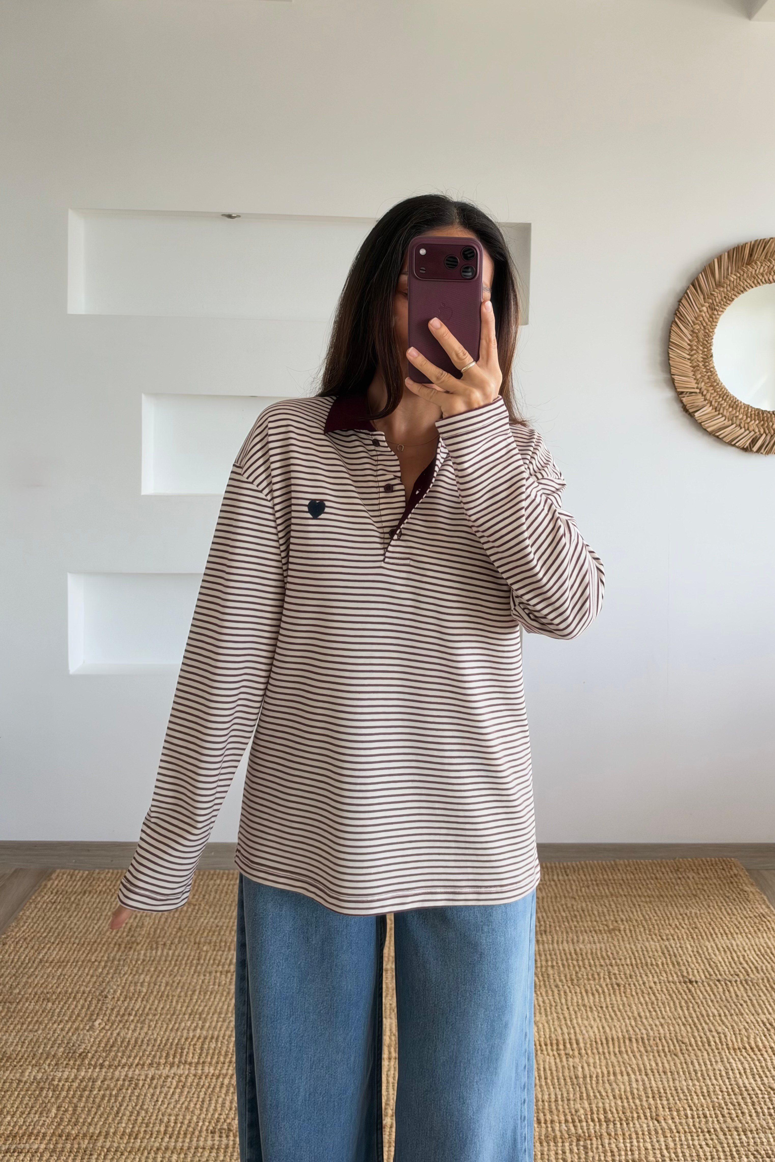 Bordo Çizgili Kalp Nakışlı Polo Yaka Sweat uygun fiyatlarda www.butikhola.com adresinde