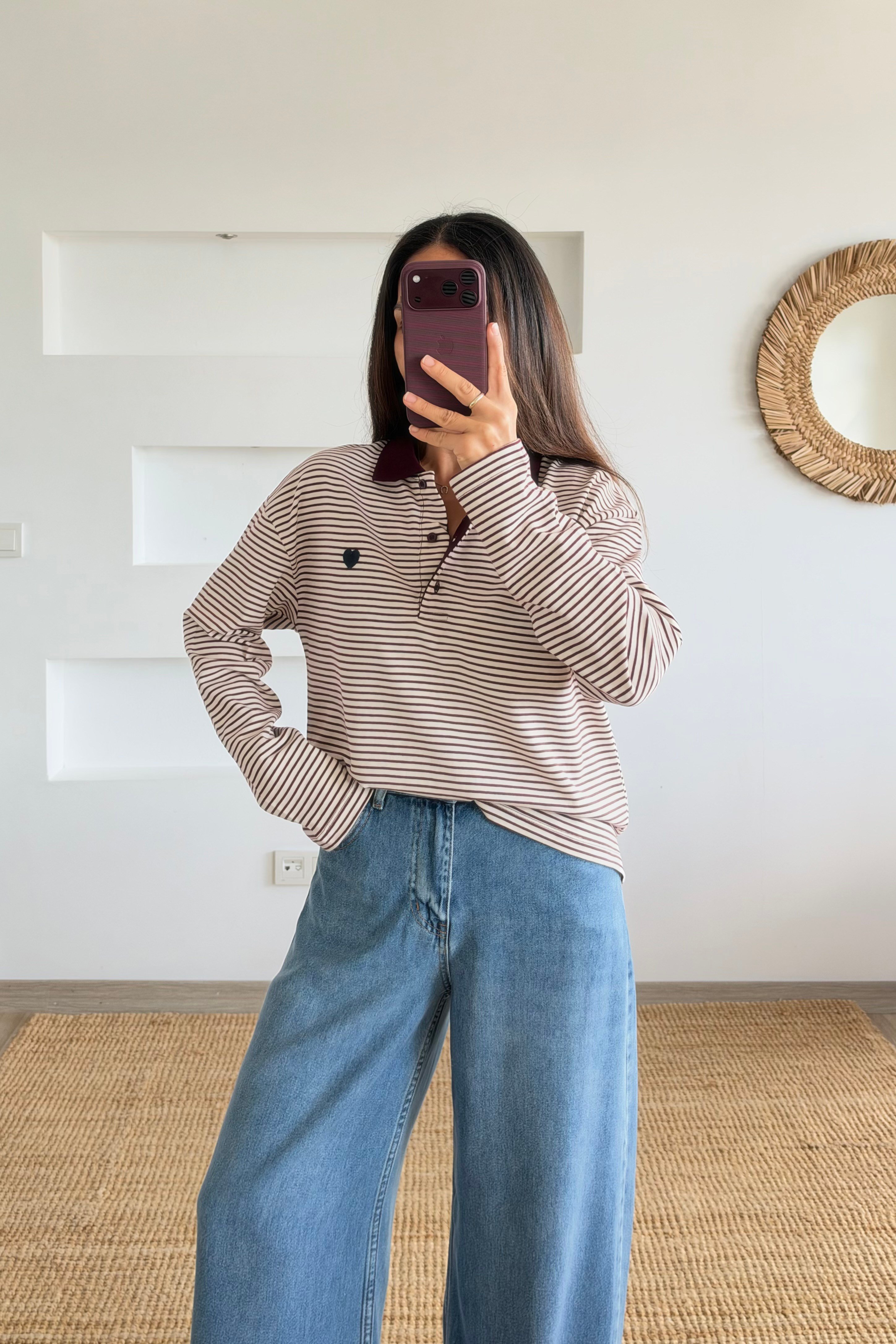 Bordo Çizgili Kalp Nakışlı Polo Yaka Sweat uygun fiyatlarda www.butikhola.com adresinde