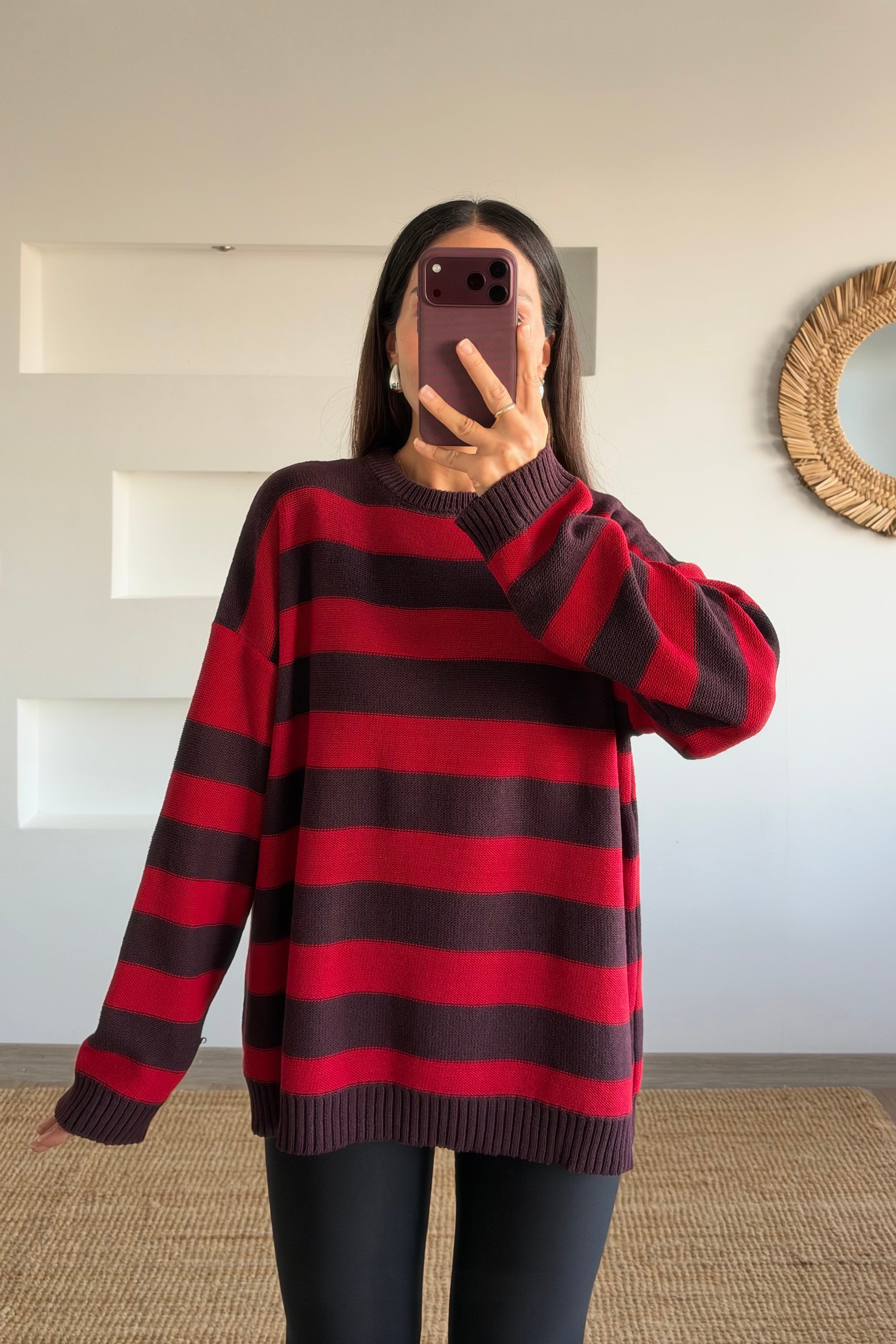 Bordo Çizgili Oversize Kazak uygun fiyatlarda www.butikhola.com adresinde