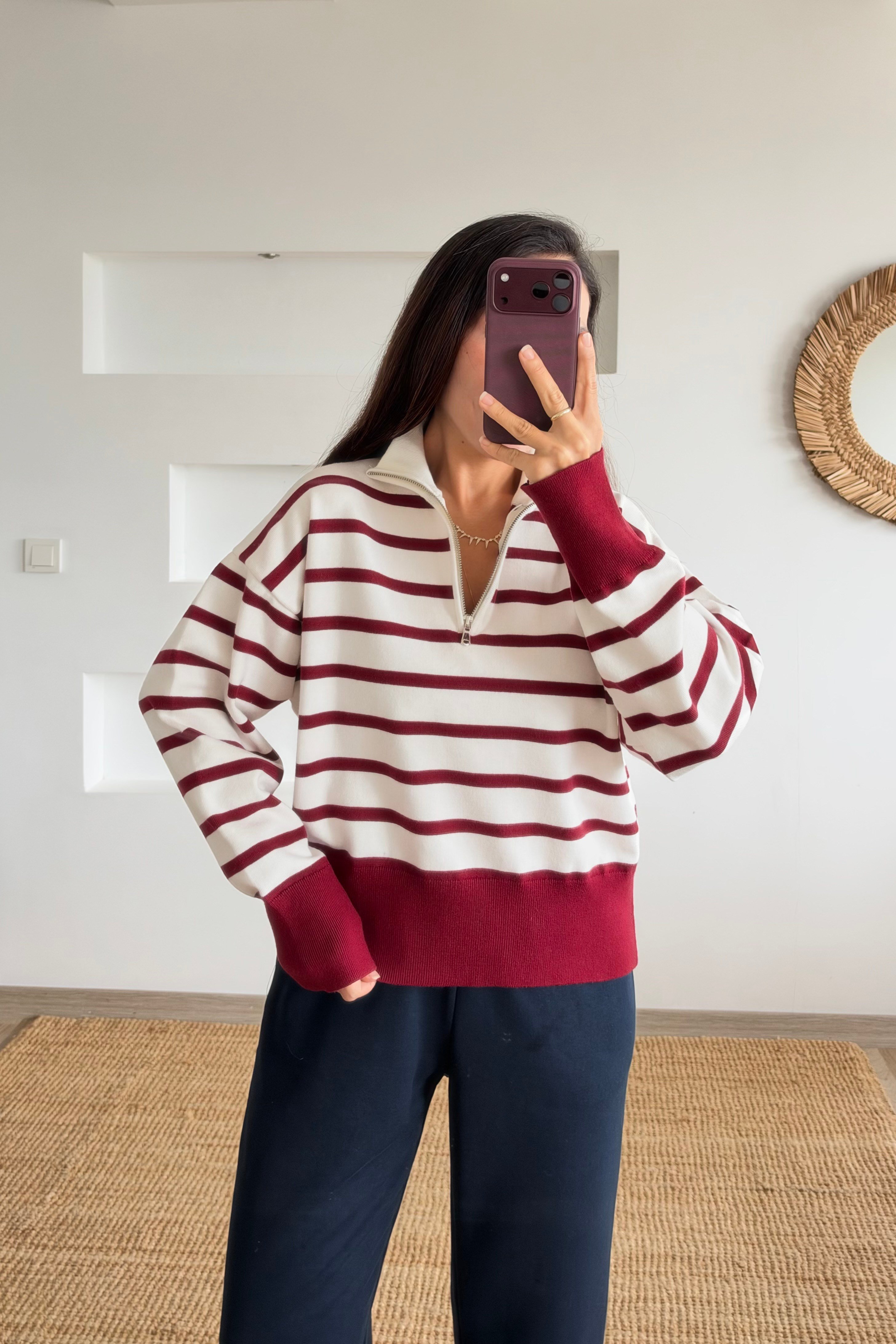 Bordo Çizgili Yarım Fermuarlı Dik Yaka Kazak uygun fiyatlarda www.butikhola.com adresinde