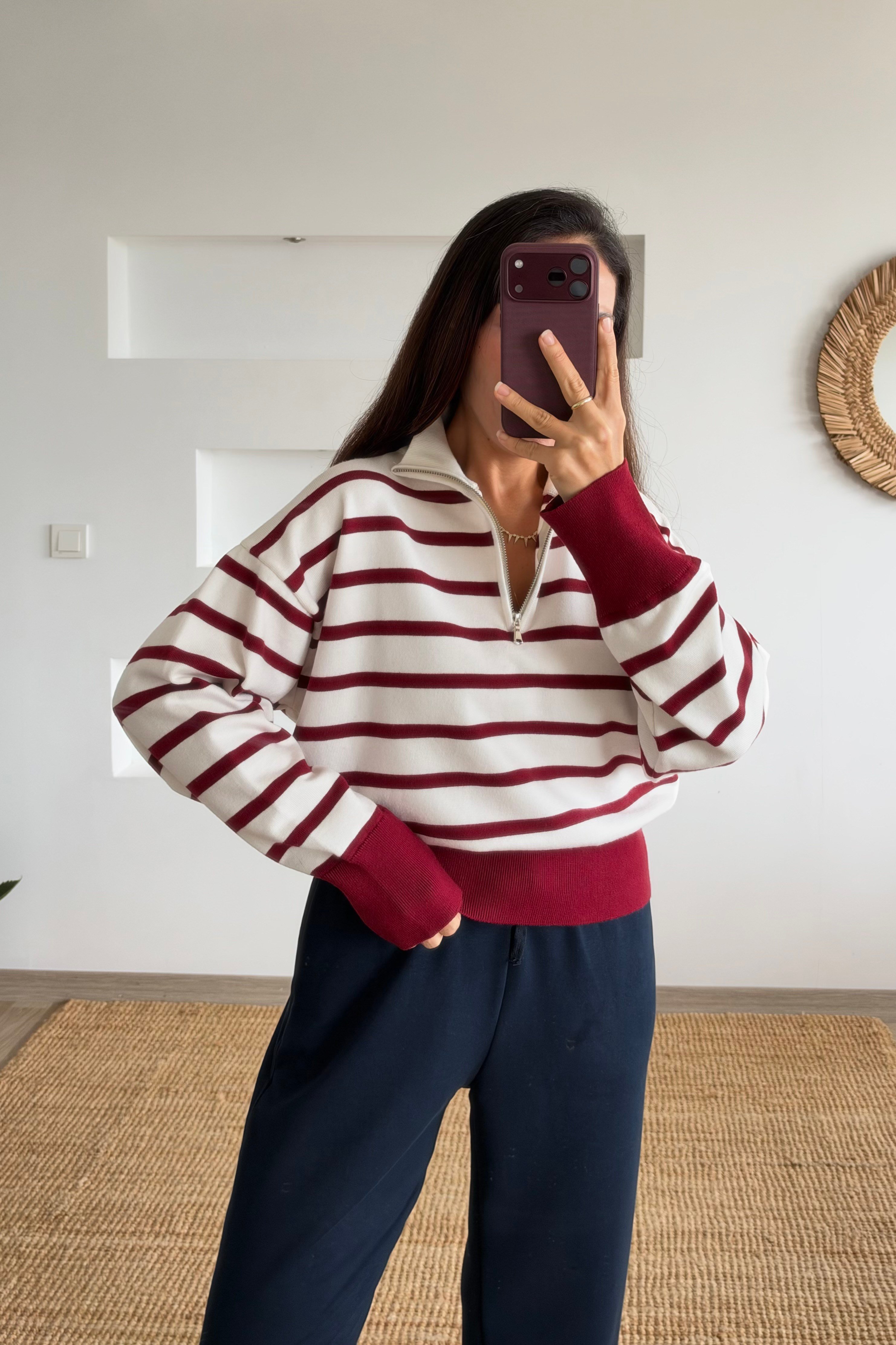 Bordo Çizgili Yarım Fermuarlı Dik Yaka Kazak uygun fiyatlarda www.butikhola.com adresinde