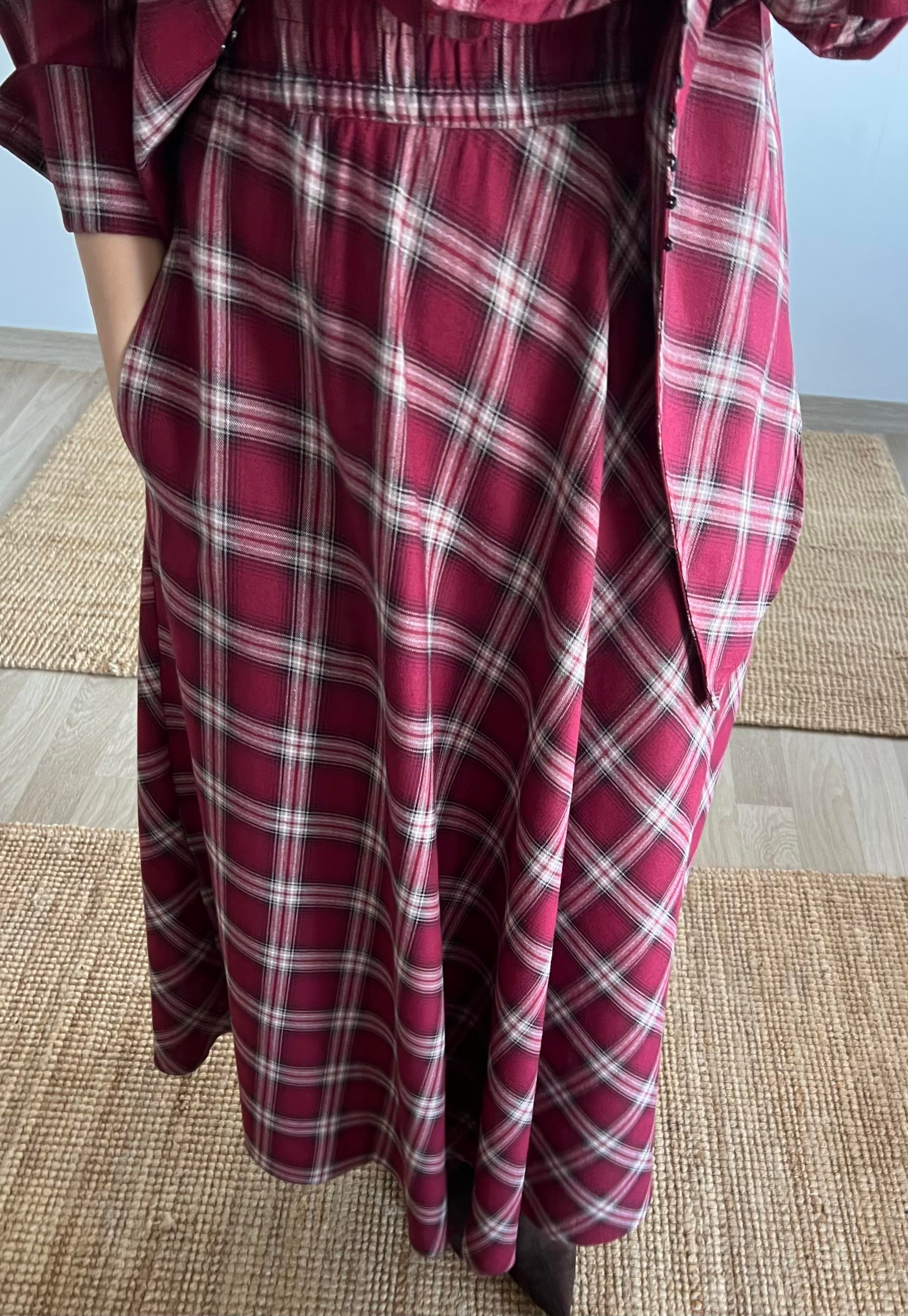 Bordo Ekoseli Beli Lastikli Cepli Etek uygun fiyatlarda www.butikhola.com adresinde