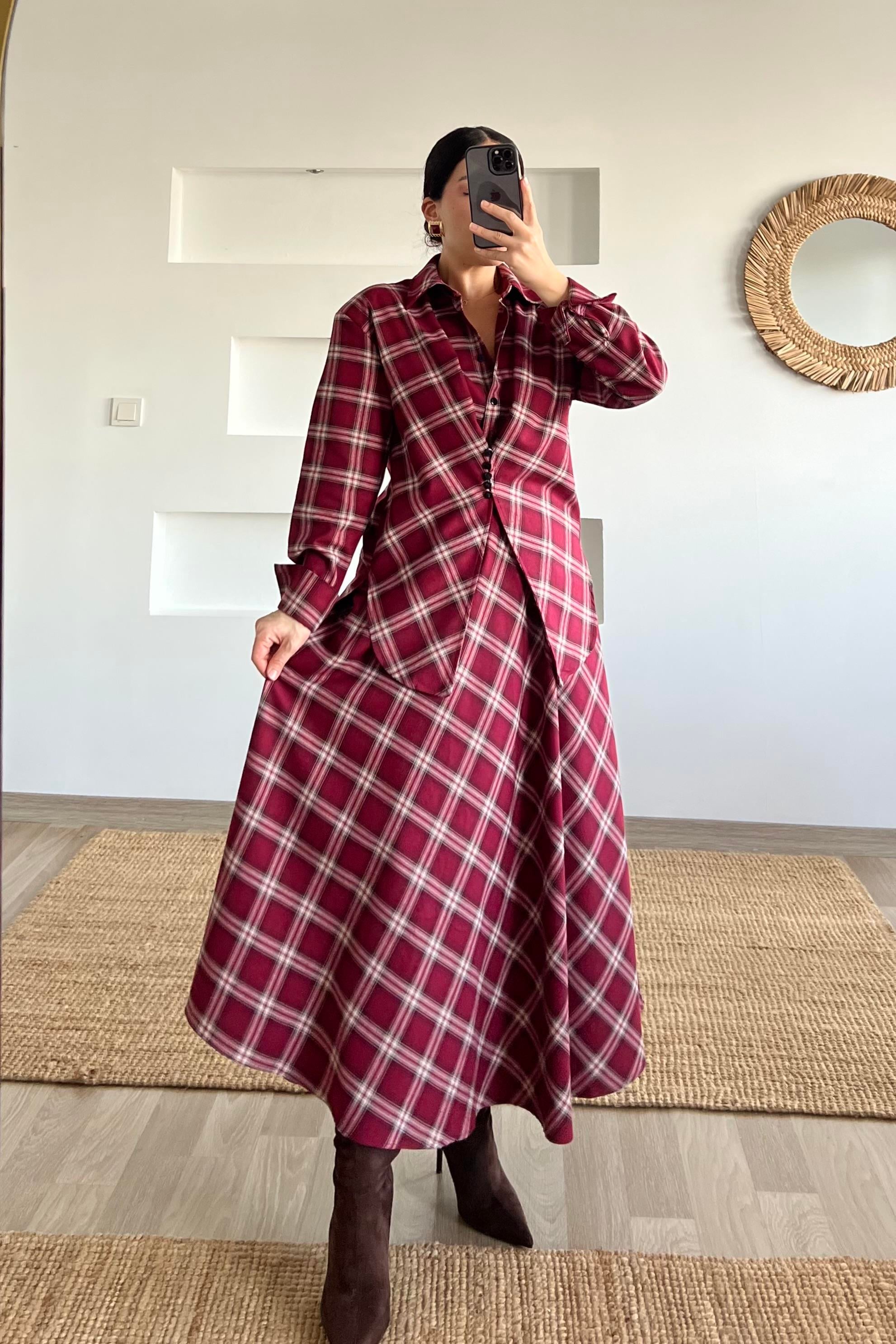 Bordo Ekoseli Beli Lastikli Cepli Etek uygun fiyatlarda www.butikhola.com adresinde