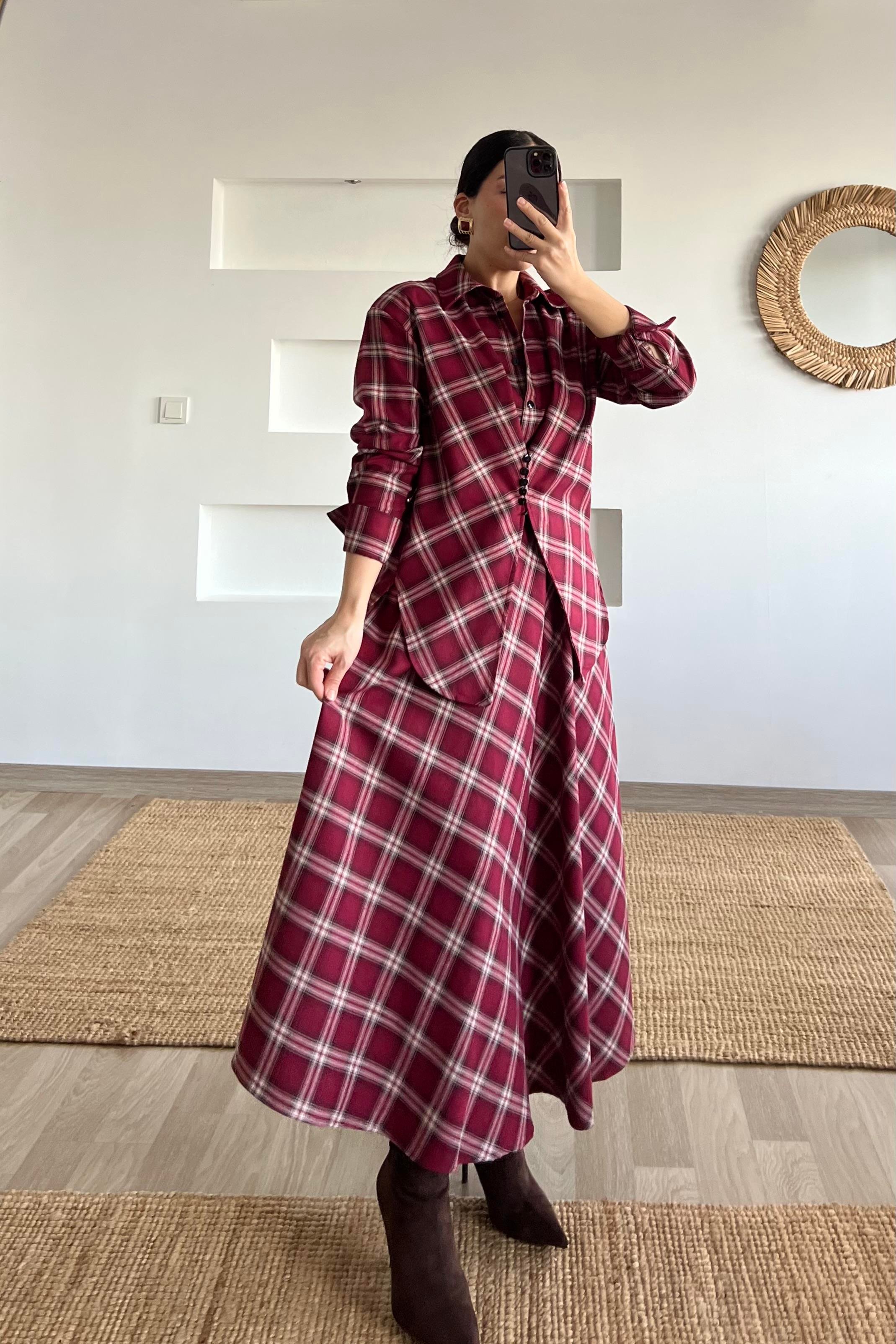 Bordo Ekoseli Beli Lastikli Cepli Etek uygun fiyatlarda www.butikhola.com adresinde