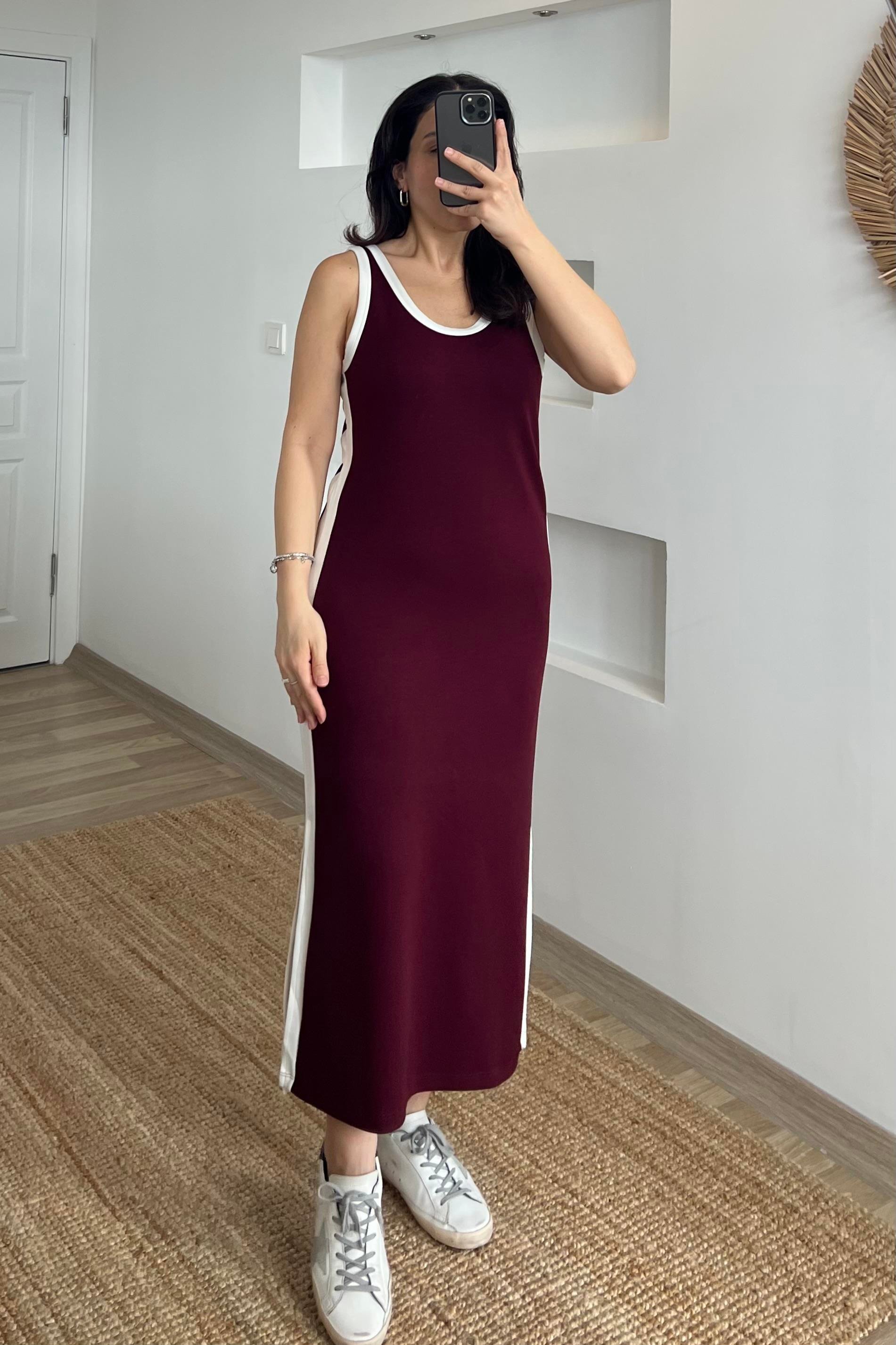 Bordo Ekru Biyeli Yırtmaçlı Elbise uygun fiyatlarda www.butikhola.com adresinde