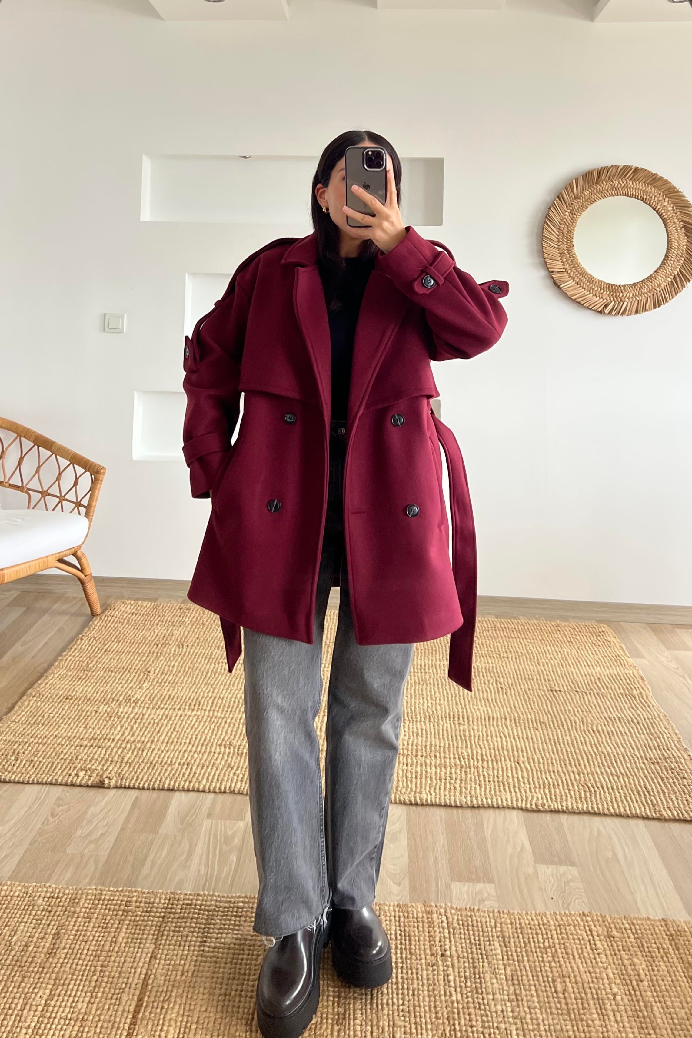 Bordo Kuşaklı Ara Boy Kaşe Kaban uygun fiyatlarda www.butikhola.com adresinde