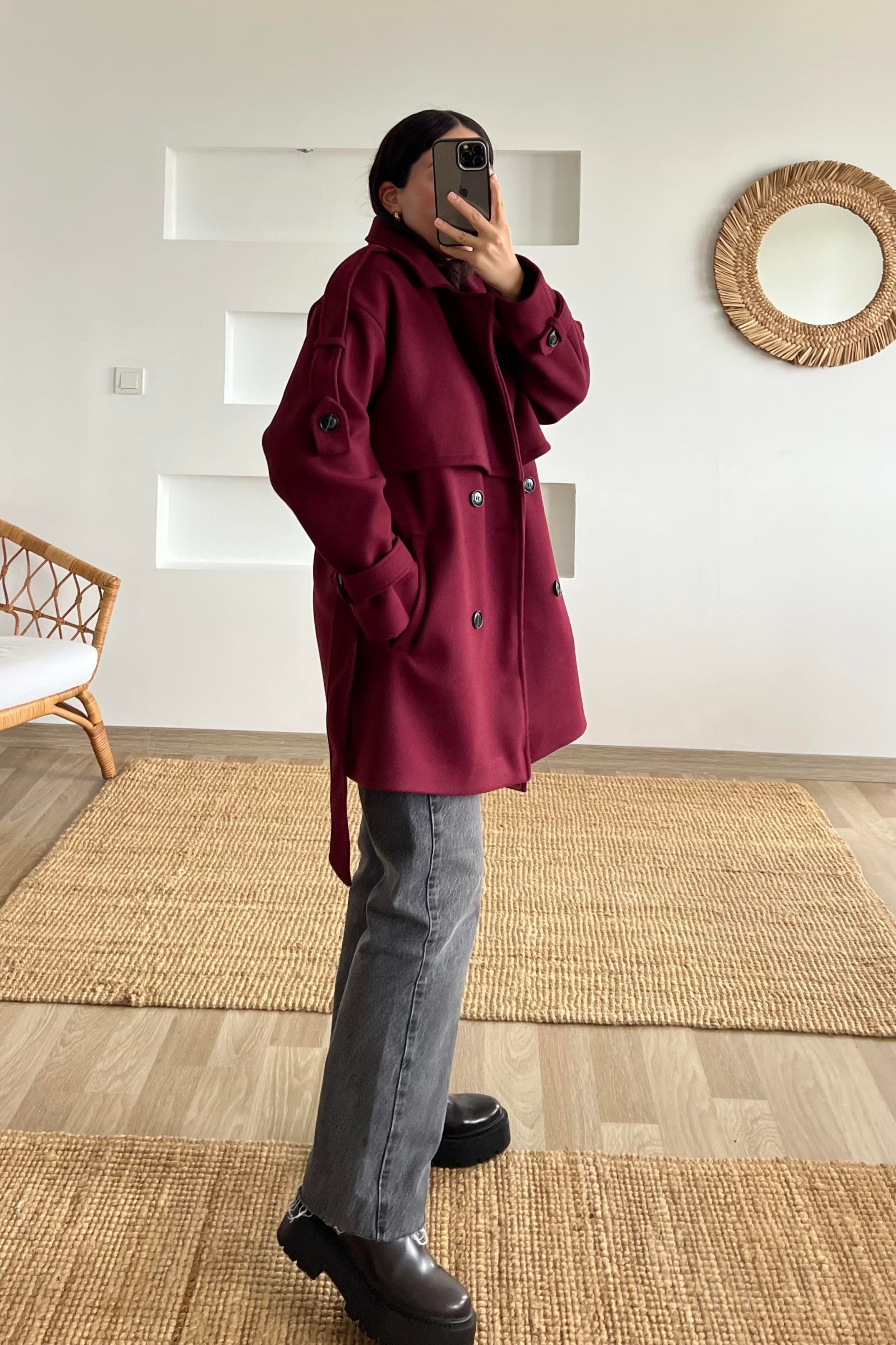 Bordo Kuşaklı Ara Boy Kaşe Kaban uygun fiyatlarda www.butikhola.com adresinde