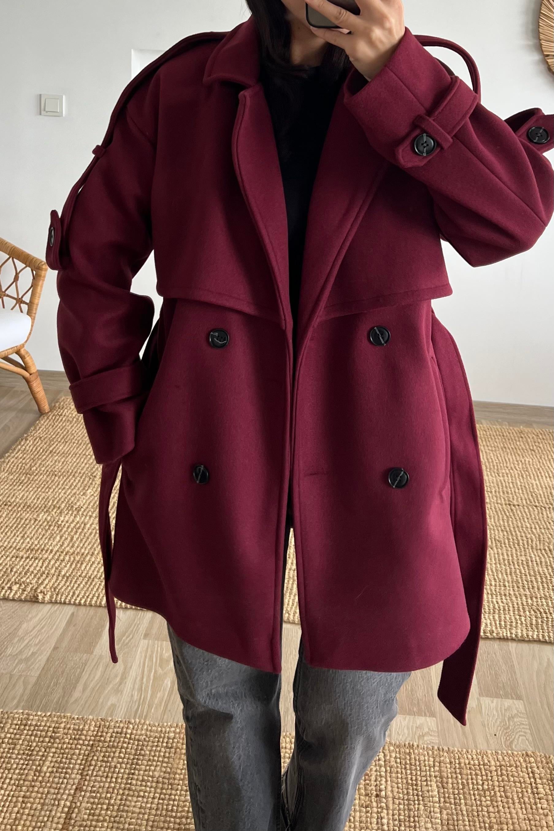 Bordo Kuşaklı Ara Boy Kaşe Kaban uygun fiyatlarda www.butikhola.com adresinde