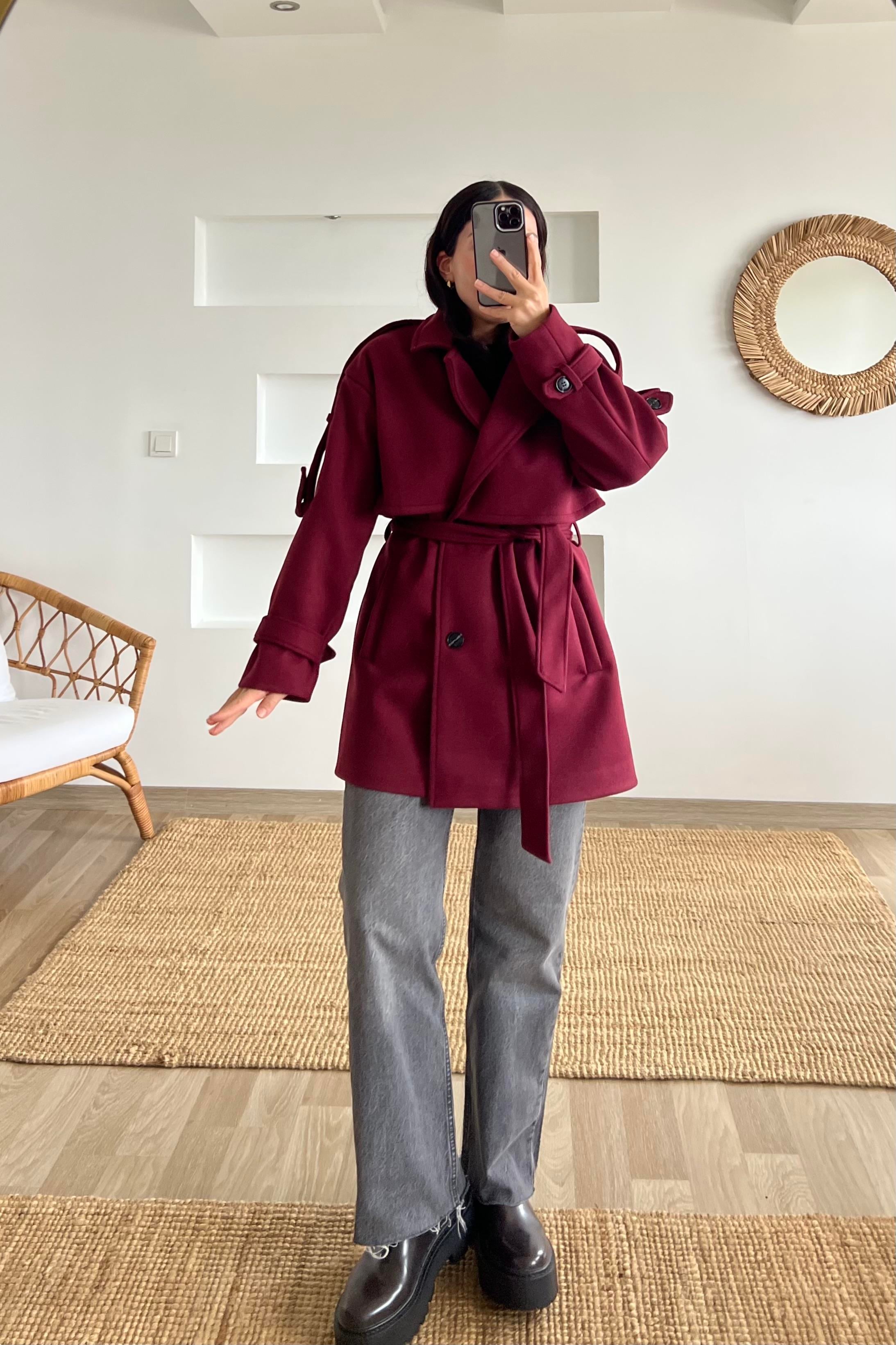 Bordo Kuşaklı Ara Boy Kaşe Kaban uygun fiyatlarda www.butikhola.com adresinde